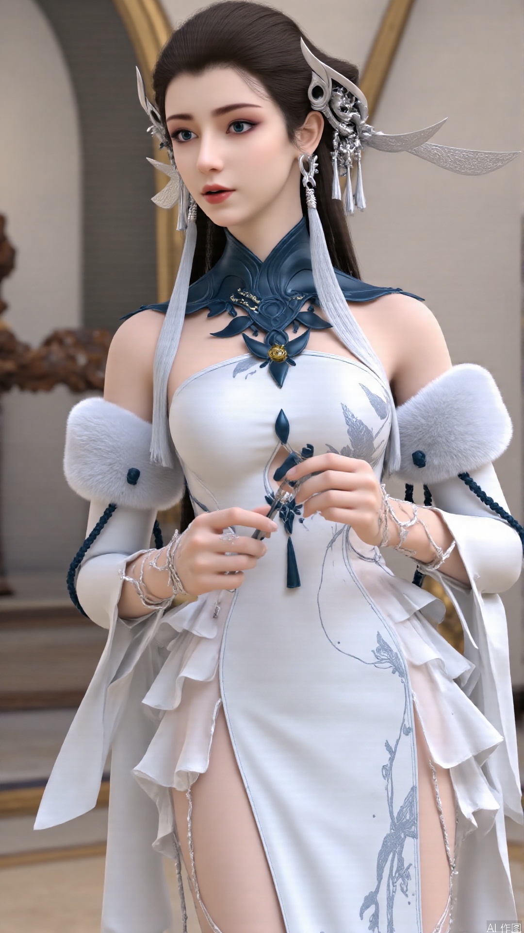 masterpiece,best quality,1girl, solo, blue eyes, hair ornament, earrings, jewelry, brown hair, bare shoulders, white dress, cowboy shot, dynamic pose, dynamic angle,
