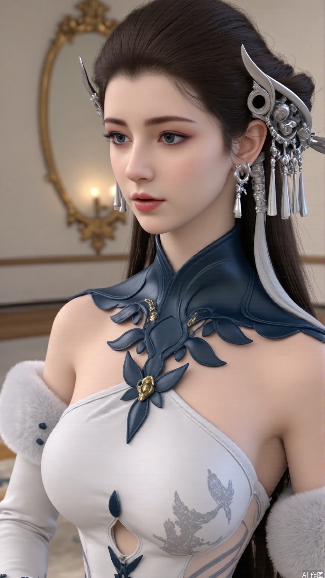 masterpiece,best quality,1girl, solo, blue eyes, hair ornament, earrings, jewelry, brown hair, bare shoulders, white dress, cowboy shot, dynamic pose, dynamic angle,
