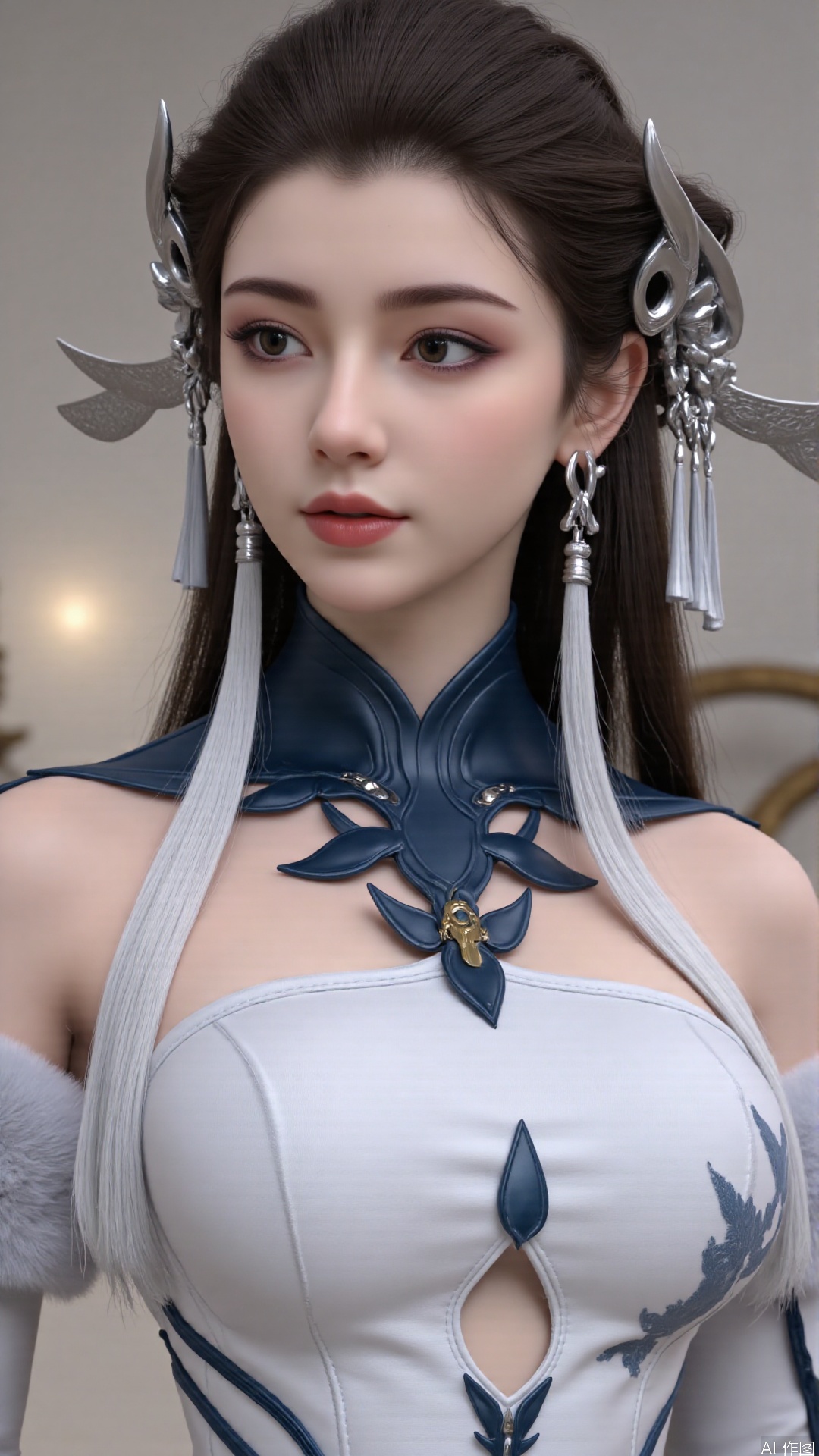 masterpiece,best quality,1girl, solo, blue eyes, hair ornament, earrings, jewelry, brown hair, bare shoulders, white dress, cowboy shot, dynamic pose, dynamic angle,