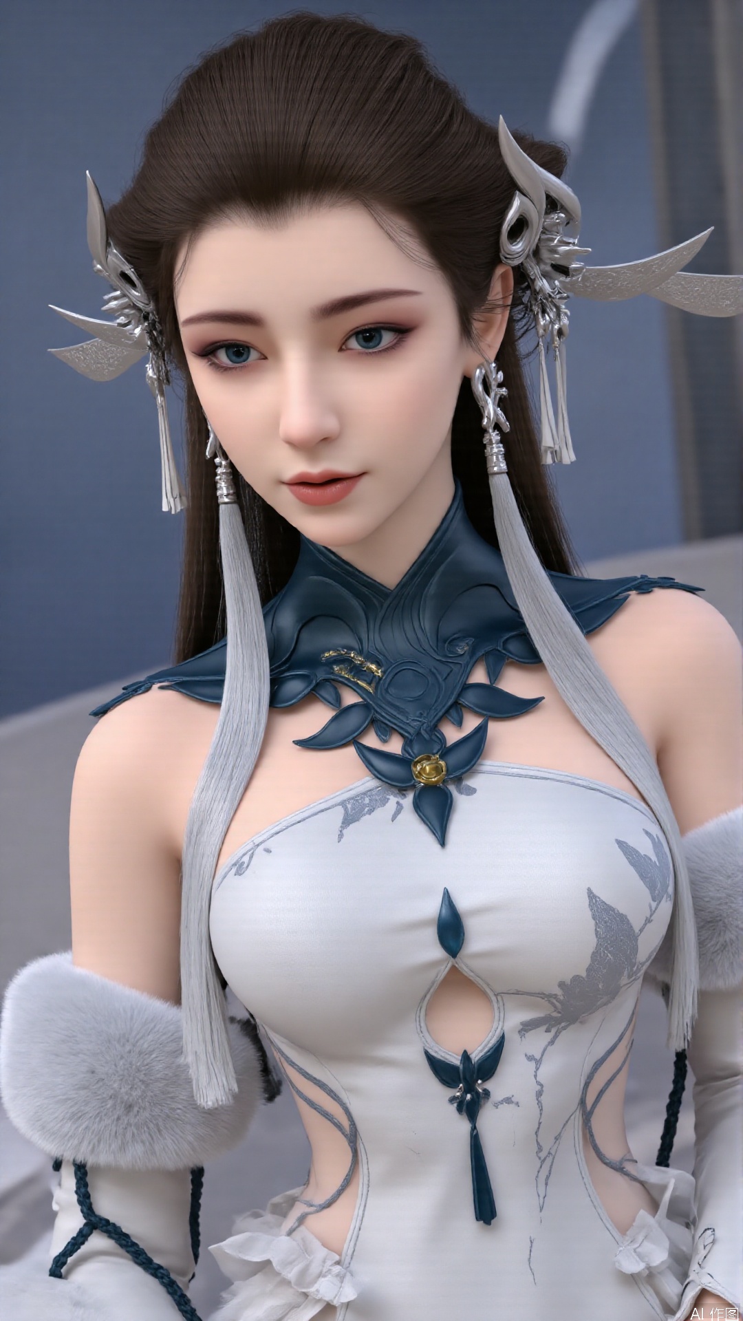 masterpiece,best quality,1girl, solo, blue eyes, hair ornament, earrings, jewelry, brown hair, bare shoulders, white dress, cowboy shot, dynamic pose, dynamic angle,