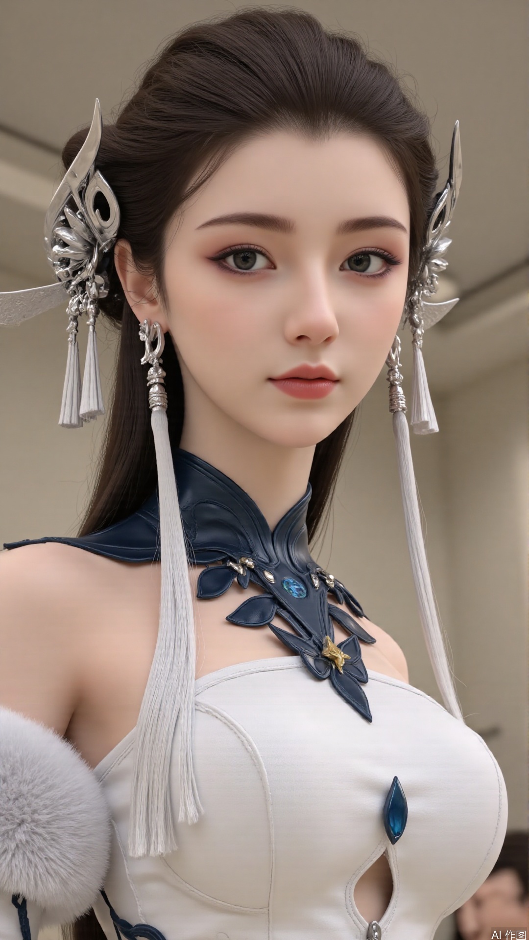 masterpiece,best quality,1girl, solo, blue eyes, hair ornament, earrings, jewelry, brown hair, bare shoulders, white dress, cowboy shot, dynamic pose, dynamic angle,