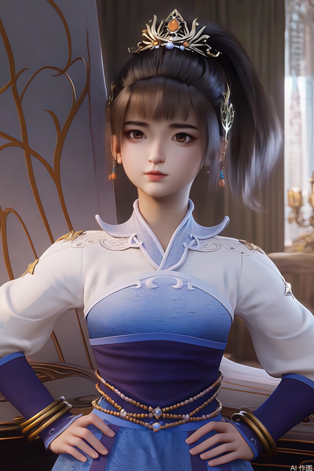 score_9_up,score_8_up,score_7_up,(Masterpiece, Best Quality, High Resolution, 8K Raw),absurdres, highres, Expressiveh,illustration,CG,
1girl, solo, bangs, brown hair, black hair, hair ornament, long sleeves, dress, brown eyes, jewelry, ponytail, earrings, indoors, bracelet, blue dress, tiara, hands on hips, realistic