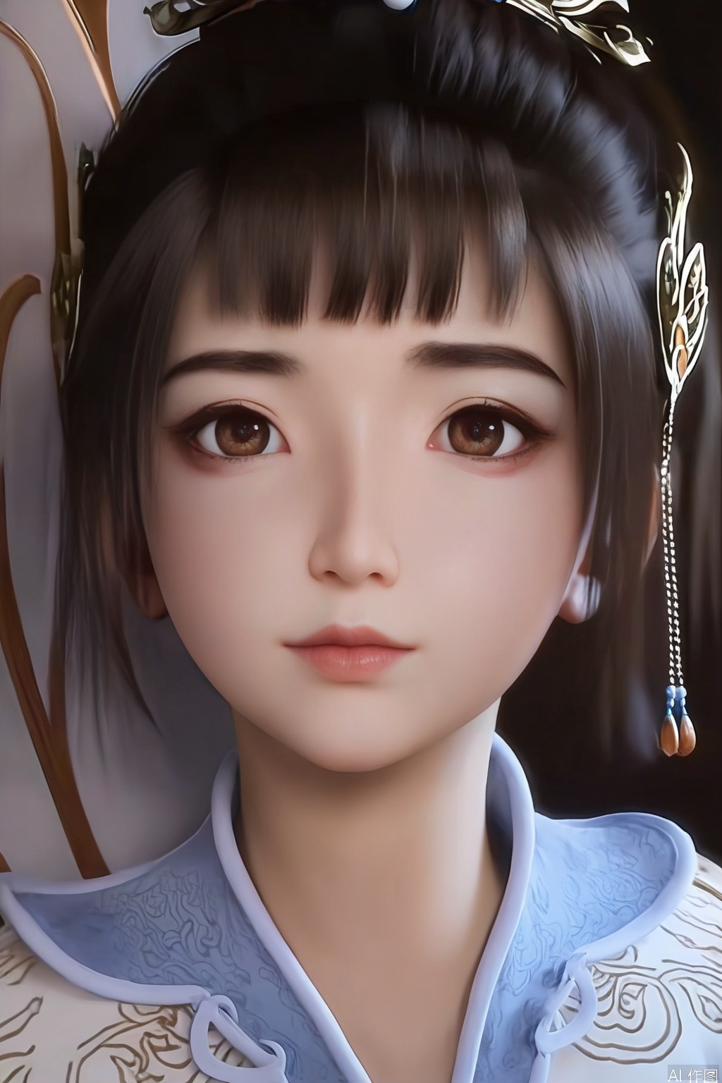 score_9_up,score_8_up,score_7_up,(Masterpiece, Best Quality, High Resolution, 8K Raw),absurdres, highres, Expressiveh,illustration,CG,
1girl, solo,cute, looking at viewer, bangs, brown hair, black hair, hair ornament, brown eyes, closed mouth, lips, chinese clothes, portrait, realistic