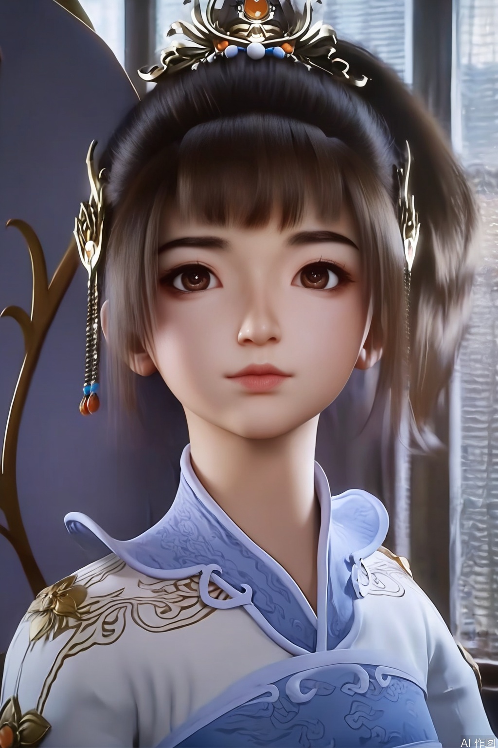 score_9_up,score_8_up,score_7_up,(Masterpiece, Best Quality, High Resolution, 8K Raw),absurdres, highres, Expressiveh,illustration,CG,
1girl, solo,cute, looking at viewer, bangs, brown hair, black hair, hair ornament, brown eyes, closed mouth, lips, chinese clothes, portrait, realistic