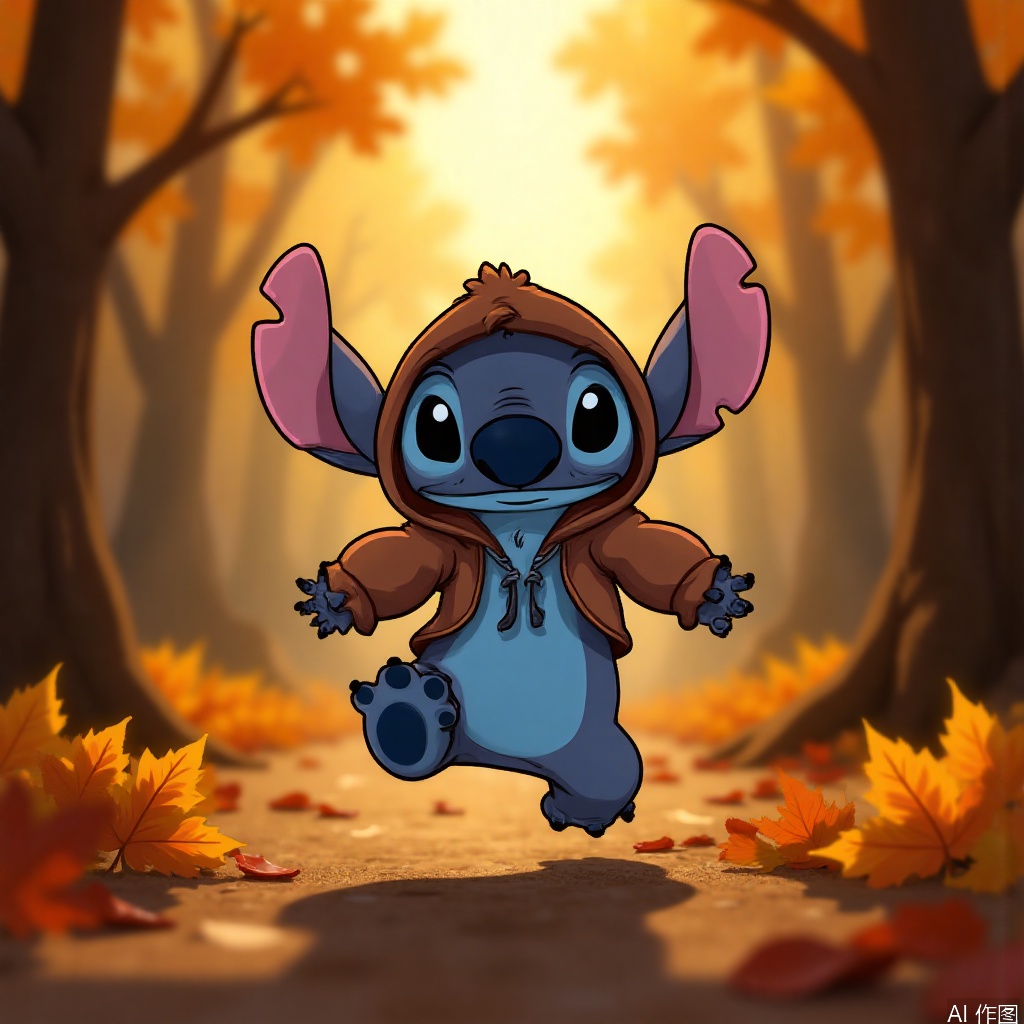 disney_stitch in a furry hoodie jumping through autumn leaves, cozy forest path, golden hour lighting
