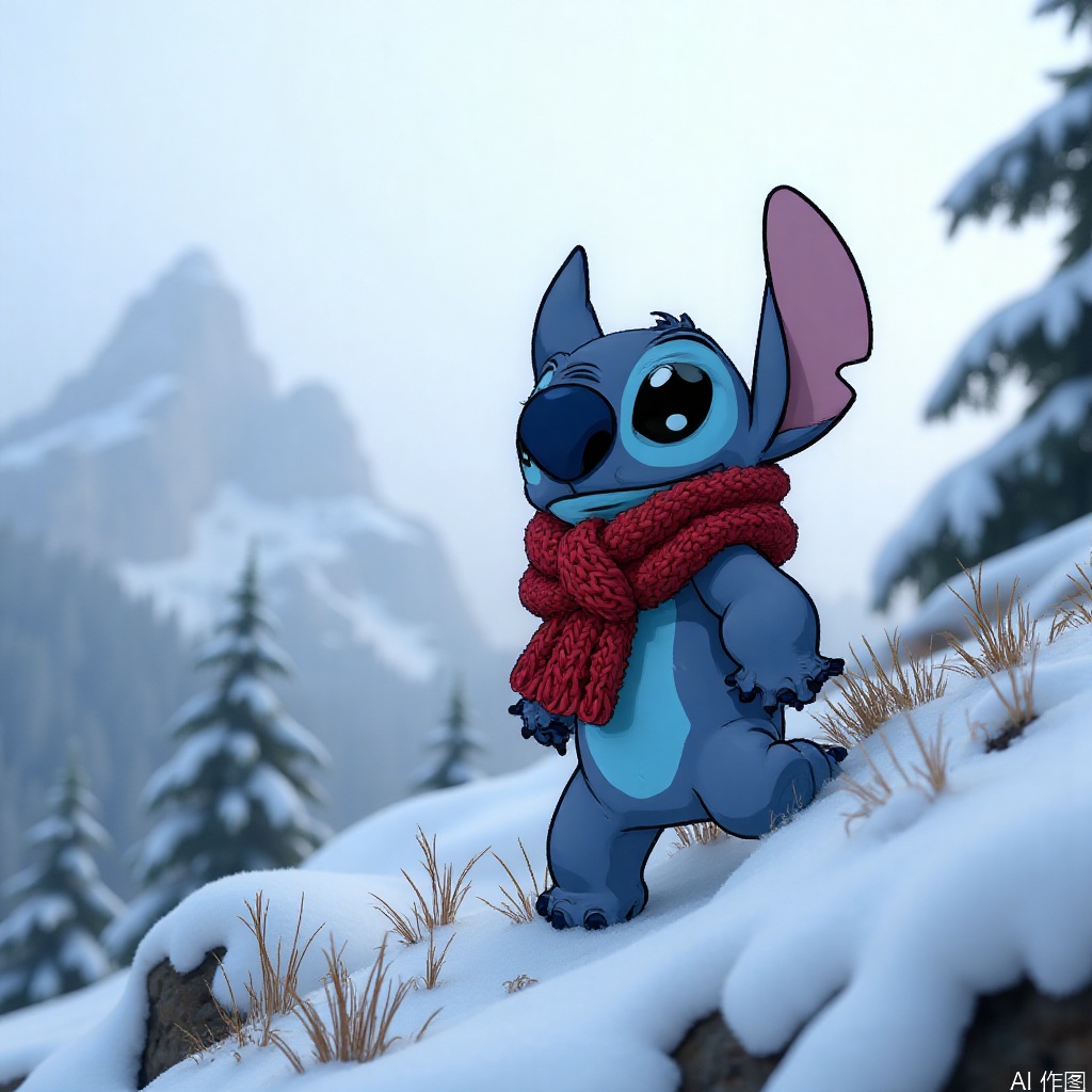 disney_stitch wearing a knitted scarf climbing snowy mountain, pine tree landscape, misty morning atmosphere
