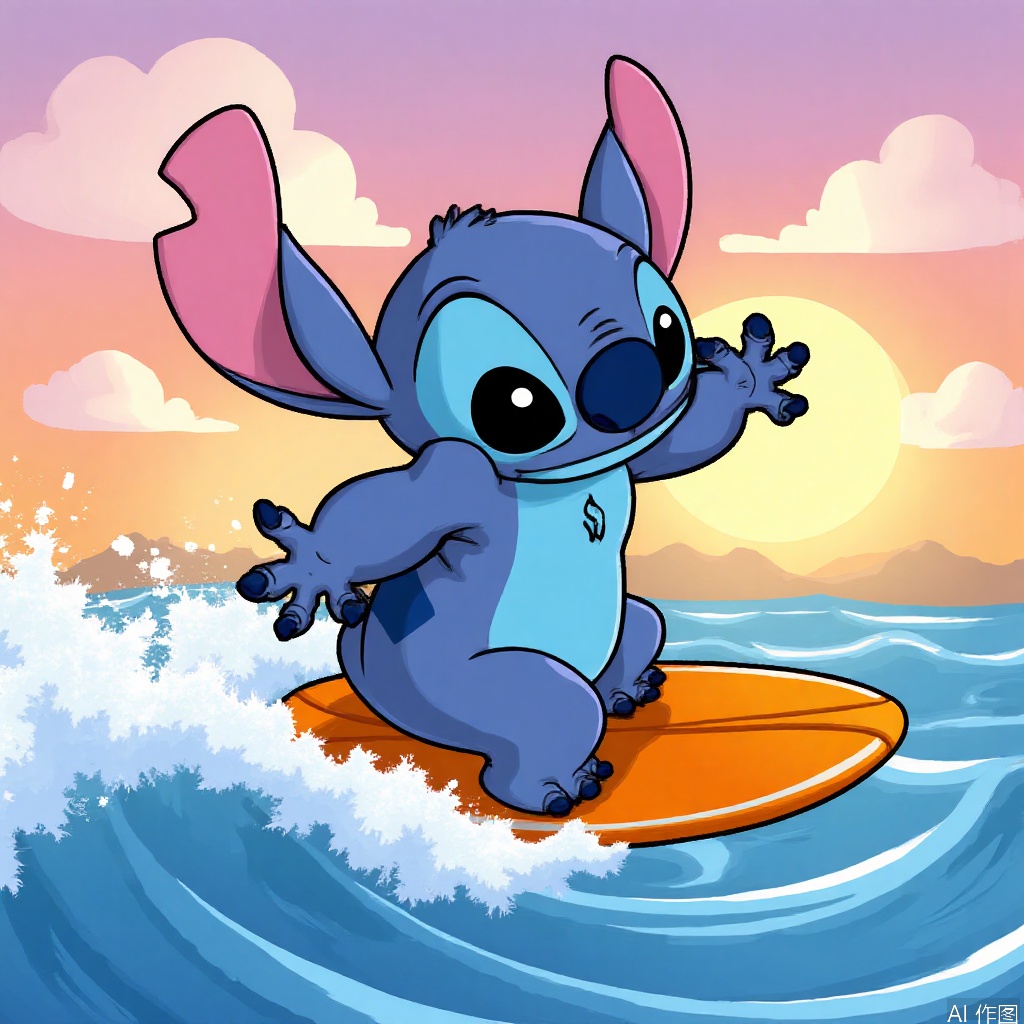 disney_stitch riding a surfboard on pastel waves, beach sunset backdrop, cartoonish cloud shapes
