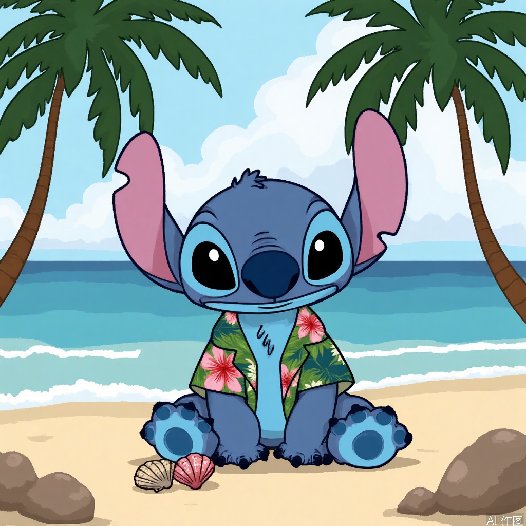 disney_stitch wearing a hawaiian shirt, sitting on a sandy beach with coconut trees, holding seashells, soft daylight
