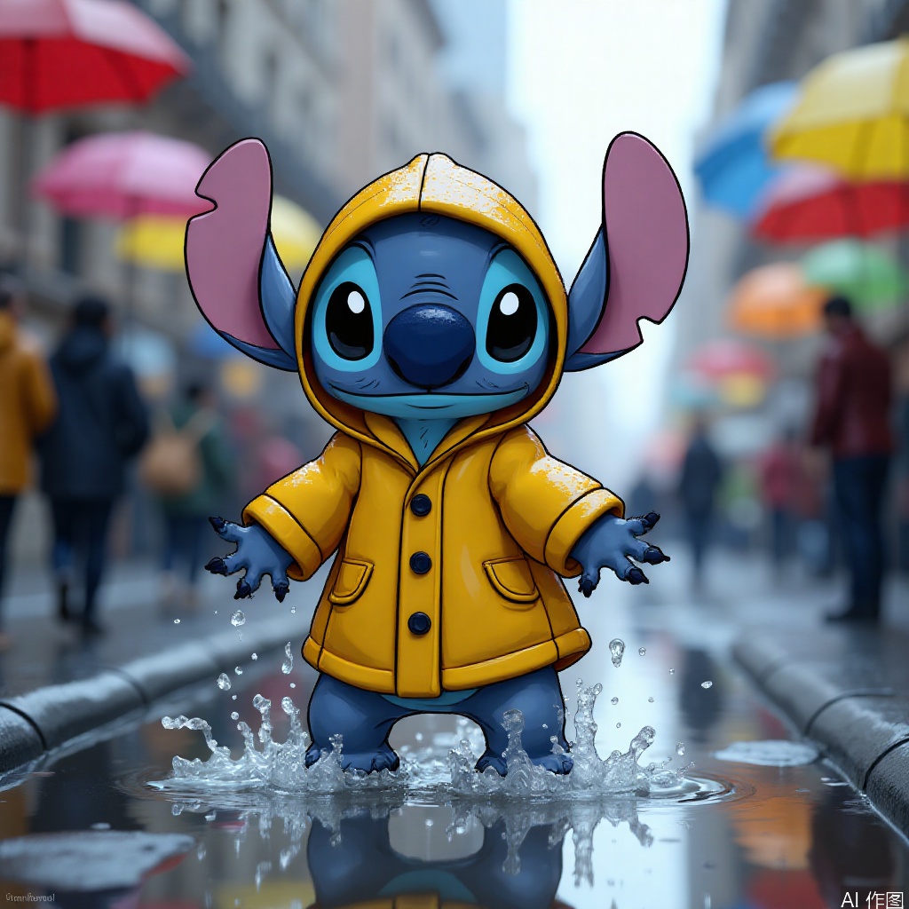 disney_stitch dressed in yellow raincoat splashing puddles, urban street with colorful umbrellas, soft rain particles