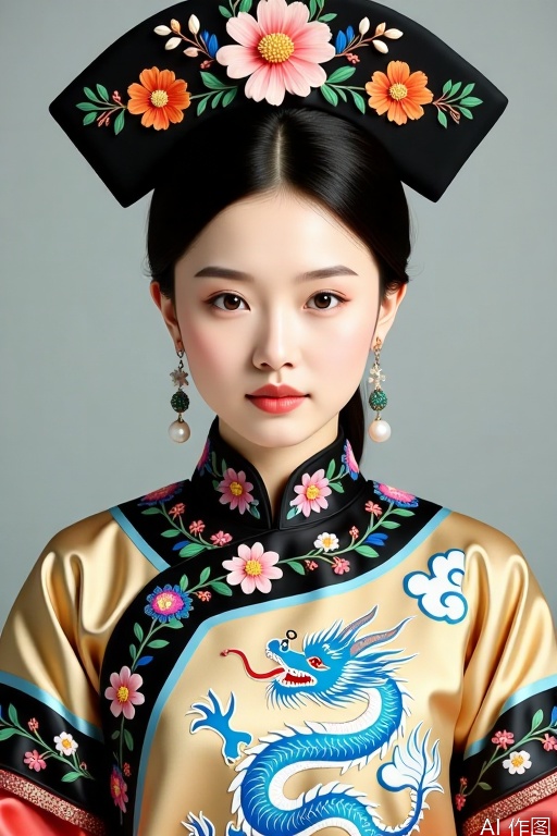 Qing Dynasty women

Qing Dynasty women's clothing

The girl in the picture is wearing Qing Dynasty checkered clothing. The main body of the flag is beige

embroidered with a blue dragon pattern. The dragon body is agile and lifelike

showcasing its majesty. The collar and hem of the garment are black trimmed with colorful cloud patterns and floral designs embroidered on them

creating a rich and coordinated color scheme. Wearing a black flag on his head

with a dignified appearance. The flag is decorated with pink flowers

orange flowers

and colorful embroidered branches and leaves

exquisite and beautiful. Earrings adorned with pearls and green gemstones

the overall look is elegant and grand

exuding the style of a Qing dynasty aristocrat.

