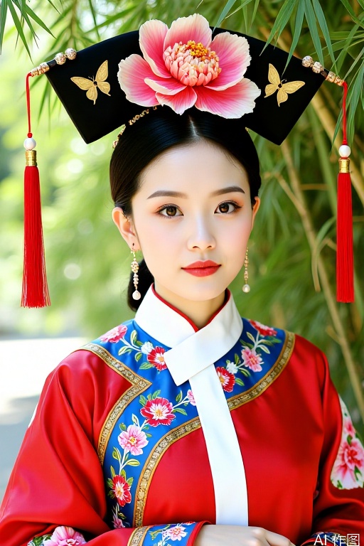 ing Dynasty women

Qing Dynasty women's clothing

A full body portrait of a Qing Dynasty woman

dressed in bright red satin Qing Dynasty clothing

with embroidered gold thread peony branches on the collar and cuffs

and decorated with river cliff and sea water patterns on the hem. Wearing a black painted emerald flag on the head

with a pink silk peony (diameter 18cm) decorated in the center

and gilded butterfly temples and pearl tassels on both sides. The character stands against the bamboo

with a blurred green bamboo forest in the background. Sunlight shines through the bamboo leaves

creating a light spot that illuminates the embroidery pattern. The fabric's three-dimensional texture is enhanced by backlighting.