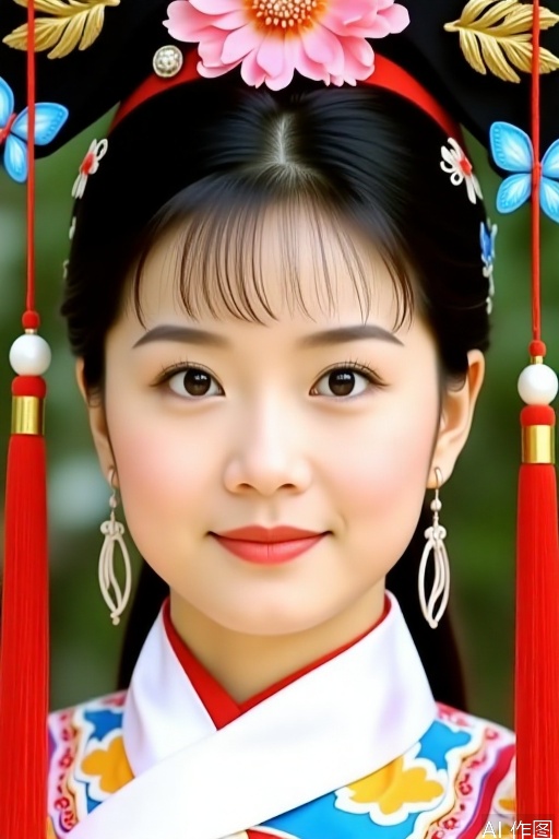 The woman has bright eyes and a gentle smile. She is dressed in the costume of a Qing - dynasty princess, with a white collar. The qipao is colorful and patterned. She wears a black headdress for Manchu noblewomen, adorned with pink flowers, golden leaf - shaped ornaments, and blue butterfly - like accessories. Long red tassels hang down on both sides. Wearing unique - shaped earrings, she exudes a classic and gentle charm.