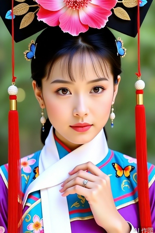 The woman has deep eyes and a gentle expression. She is dressed in the costume of a Qing - dynasty princess, with a white high collar. The qipao is colorful, mainly in blue and purple, embroidered with exquisite patterns such as butterflies and flowers. She wears a black headdress for Manchu noblewomen, adorned with a large pink flower, along with golden leaf - shaped and blue butterfly accessories. Long red tassels hang down on both sides. Wearing delicate earrings, she gently touches her collar with one hand, exuding dignity and elegance.