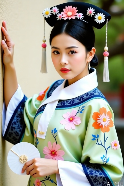 The woman poses gracefully, with one hand on the wall and the other holding a white round fan. She is dressed in Qing - dynasty clothing, with a white collar. The main body of the qipao is light green, embroidered with pink and orange flowers and blue branches and leaves patterns. The cuffs and edges are decorated with dark blue patterns. She wears a black headdress for Manchu noblewomen, dotted with small white and pink flowers and pom - poms. A bead - string tassel hangs down on one side, and she has simple earrings, exuding a gentle and beautiful charm.