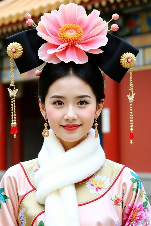 The woman in the picture is wearing Qing Dynasty princess costumes. The flag dress is rich in color, with light pink and beige as the main tones, and is covered with colorful floral patterns, full of agility. A white plush scarf is surrounded by a collar, which is soft and charming.
The black flag on the head is dignified and grand, and a huge and gorgeous pink peony in the center is beautiful. There are golden floral ornaments on both sides, with golden beaded tassels hanging, and jingling as they walk. It is also decorated with small pink buds and butterfly-shaped gold jewelry, which is exquisite and unique. The earrings decorated with red beads complement the overall outfit.
A Chinese-style building with red walls and golden tiles can be seen in the background. The woman smiles with her eyebrows and eyes and her lips are raised, showing her gentle and sweetness, and her youthful style is like a princess in the Qing Palace.