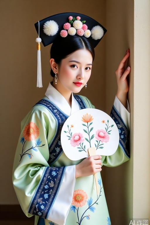 The woman poses gracefully, with one hand on the wall and the other holding a white round fan. She is dressed in Qing - dynasty clothing, with a white collar. The main body of the qipao is light green, embroidered with pink and orange flowers and blue branches and leaves patterns. The cuffs and edges are decorated with dark blue patterns. She wears a black headdress for Manchu noblewomen, dotted with small white and pink flowers and pom - poms. A bead - string tassel hangs down on one side, and she has simple earrings, exuding a gentle and beautiful charm.
