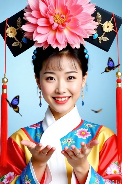 The woman in the picture is wearing Qing Dynasty princess costumes. The flag dress is colorful, with red, blue, yellow and other colors intertwined, embroidered with various flower patterns, which is bright and charming. The neckline is white, simple and elegant. She wore a black flag head, and a huge pink flower on it was extremely eye-catching, paired with golden flower-leaf-shaped ornaments and blue beads, with long red tassels hanging from both sides. Wearing delicate earrings, swaying gently with movement. The woman smiled brightly, her eyebrows were curved, and her palms were stretched out, as if she was interacting with the flying butterflies. Her whole person was filled with a lively and gentle temperament, showing the charming and agility of a girl in the Qing Palace.