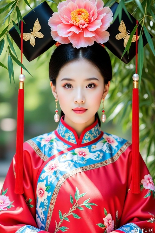 ing Dynasty women,Qing Dynasty women's clothing,

A full body portrait of a Qing Dynasty woman,dressed in bright red satin Qing Dynasty clothing,with embroidered gold thread peony branches on the collar and cuffs,and decorated with river cliff and sea water patterns on the hem. Wearing a black painted emerald flag on the head,with a pink silk peony (diameter 18cm) decorated in the center,and gilded butterfly temples and pearl tassels on both sides. The character stands against the bamboo,with a blurred green bamboo forest in the background. Sunlight shines through the bamboo leaves,creating a light spot that illuminates the embroidery pattern. The fabric's three-dimensional texture is enhanced by backlighting,