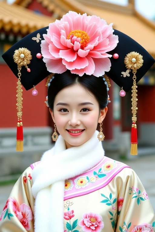 The woman in the picture is wearing Qing Dynasty princess costumes. The flag dress is rich in color, with light pink and beige as the main tones, and is covered with colorful floral patterns, full of agility. A white plush scarf is surrounded by a collar, which is soft and charming. The black flag on the head is dignified and grand, and a huge and gorgeous pink peony in the center is beautiful. There are golden floral ornaments on both sides, with golden beaded tassels hanging, and jingling as they walk. It is also decorated with small pink buds and butterfly-shaped gold jewelry, which is exquisite and unique. The earrings decorated with red beads complement the overall outfit. A Chinese-style building with red walls and golden tiles can be seen in the background. The woman smiles with her eyebrows and eyes and her lips are raised, showing her gentle and sweetness, and her youthful style is like a princess in the Qing Palace.