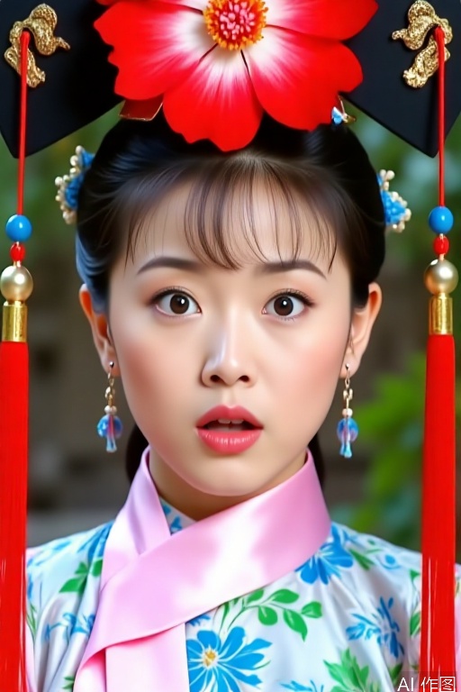 The woman looks surprised with wide - open eyes. She is dressed in the costume of a Qing - dynasty princess, with a pink collar. The qipao is colorful, covered with floral patterns in blue, green and other colors. She wears a black headdress for Manchu noblewomen, adorned with a bright red flower, along with small golden accessories and blue bead strings. Long red tassels hang down on both sides, and she has delicate earrings. The overall look is lively and agile.