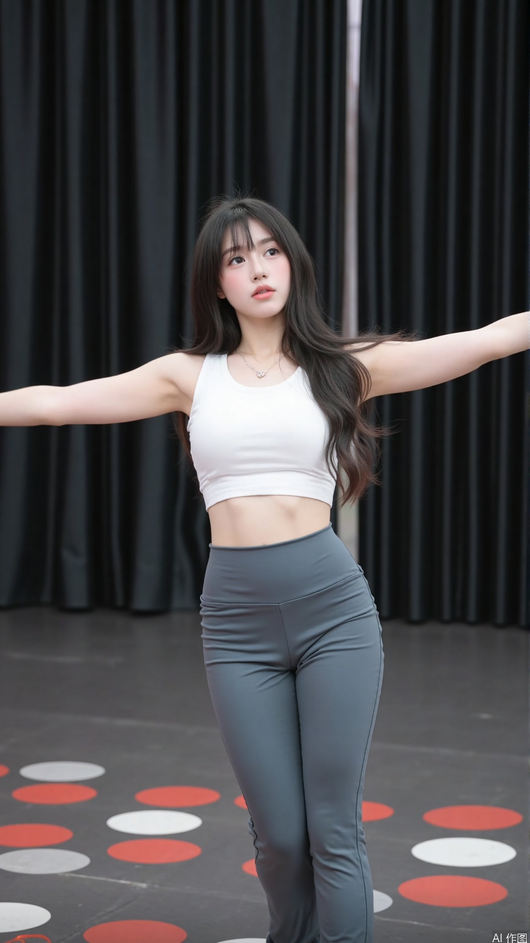 The image shows a young woman in a dance studio. She is wearing a white crop top and grey pants. Her long dark hair is styled in loose waves and she is looking off to the side with a serious expression on her face. Her arms are stretched out to the sides and her legs are slightly bent at the knees. The floor is covered in red and white circles, and there is a black curtain in the background.