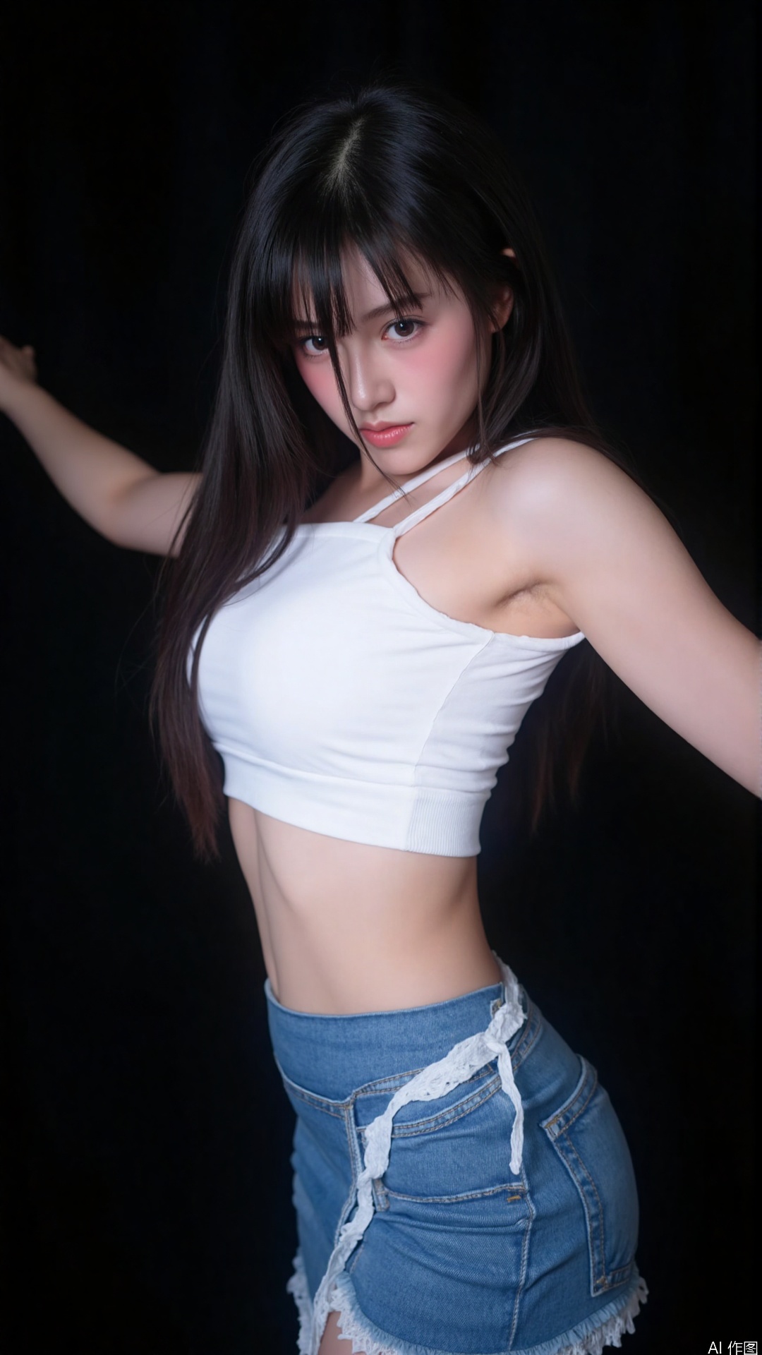 The image is a portrait of a young woman with long dark hair and bangs. She is wearing a white crop top and a blue skirt with a white lace trim. The woman is posing with her arms stretched out to the sides and her head tilted slightly to the side. She has a serious expression on her face and is looking directly at the camera. The background is dark and blurred, making the woman the focal point of the image.