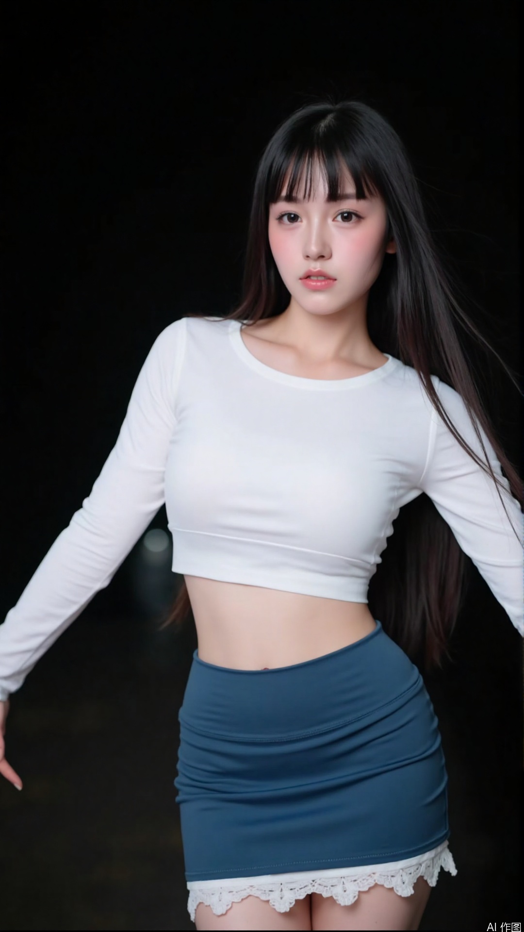 The image is a portrait of a young woman with long dark hair and bangs. She is wearing a white crop top and a blue skirt with a white lace trim. The woman is posing with her arms stretched out to the sides and her head tilted slightly to the side. She has a serious expression on her face and is looking directly at the camera. The background is dark and blurred, making the woman the focal point of the image.