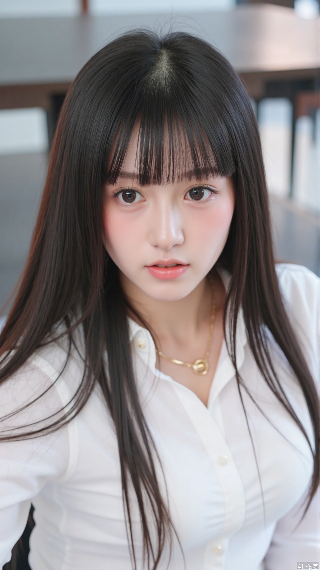 The image is a close-up portrait of a young Asian woman with long dark hair and bangs. She is wearing a white blouse and has a gold necklace around her neck. Her face is turned slightly to the side and she is looking directly at the camera with a serious expression. The background is blurred, but it appears to be an indoor setting with a table and chairs visible. The lighting is soft and natural, highlighting the woman's features.