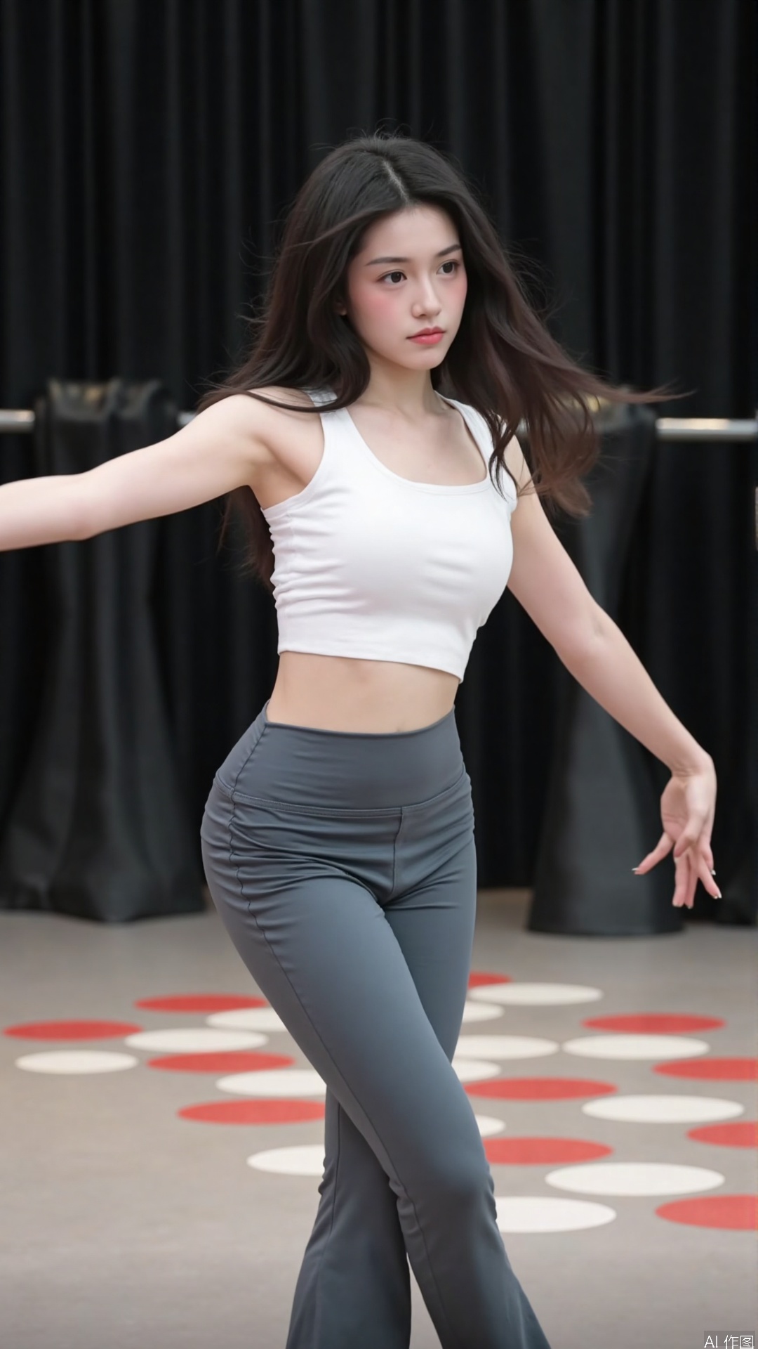 The image shows a young woman in a dance studio. She is wearing a white crop top and grey pants. Her long dark hair is styled in loose waves and she is looking off to the side with a serious expression on her face. Her arms are stretched out to the sides and her legs are slightly bent at the knees. The floor is covered in red and white circles, and there is a black curtain in the background.