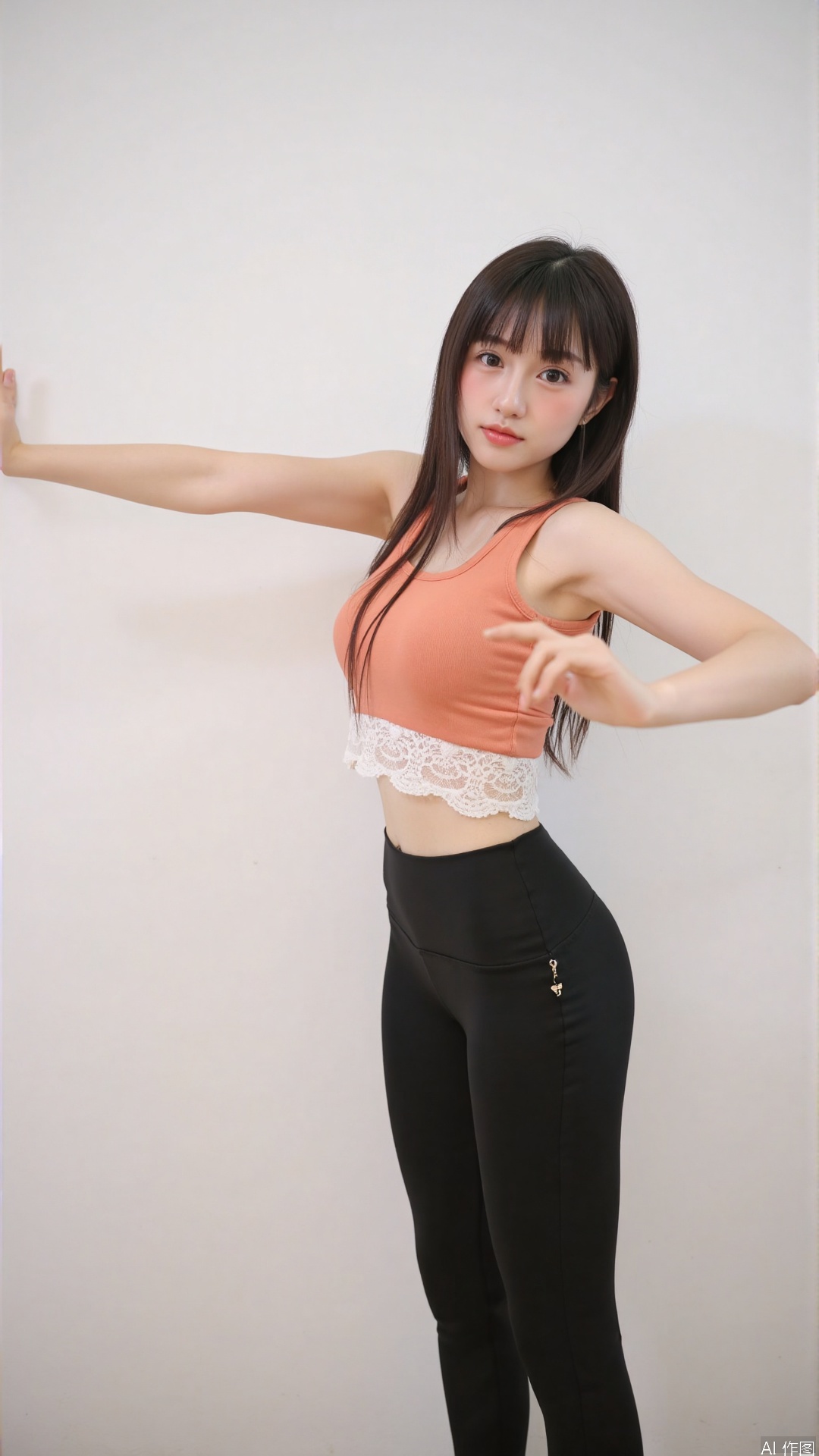 The image is a portrait of a young woman posing in a room. She is standing in front of a white wall with her body slightly turned to the side. She has long dark hair with bangs and is wearing a peach-colored crop top with a white lace trim and black leggings. Her arms are stretched out to the sides and her hands are resting on her hips. She appears to be confident and relaxed.