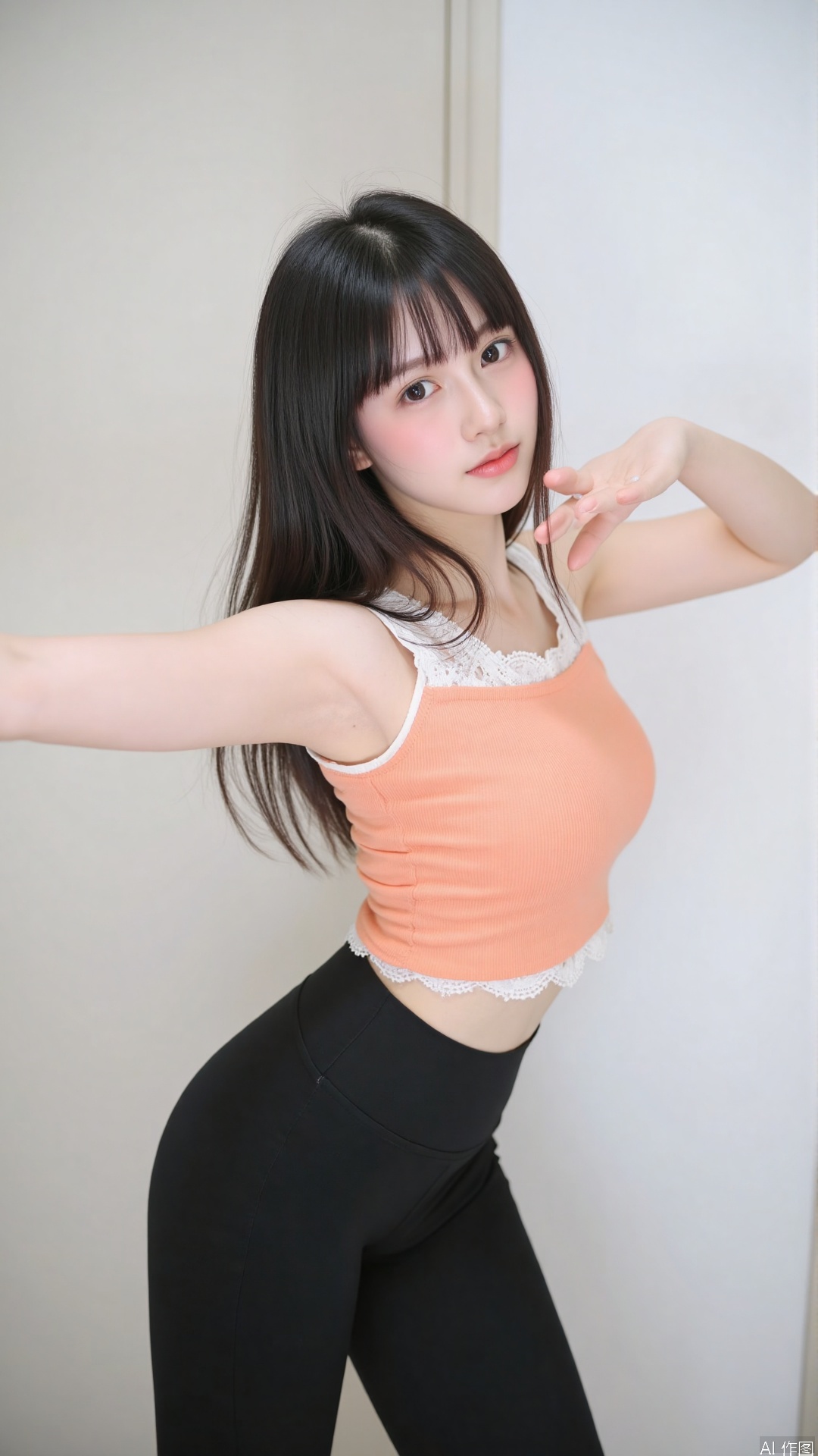 The image is a portrait of a young woman posing in a room. She is standing in front of a white wall with her body slightly turned to the side. She has long dark hair with bangs and is wearing a peach-colored crop top with a white lace trim and black leggings. Her arms are stretched out to the sides and her hands are resting on her hips. She appears to be confident and relaxed.