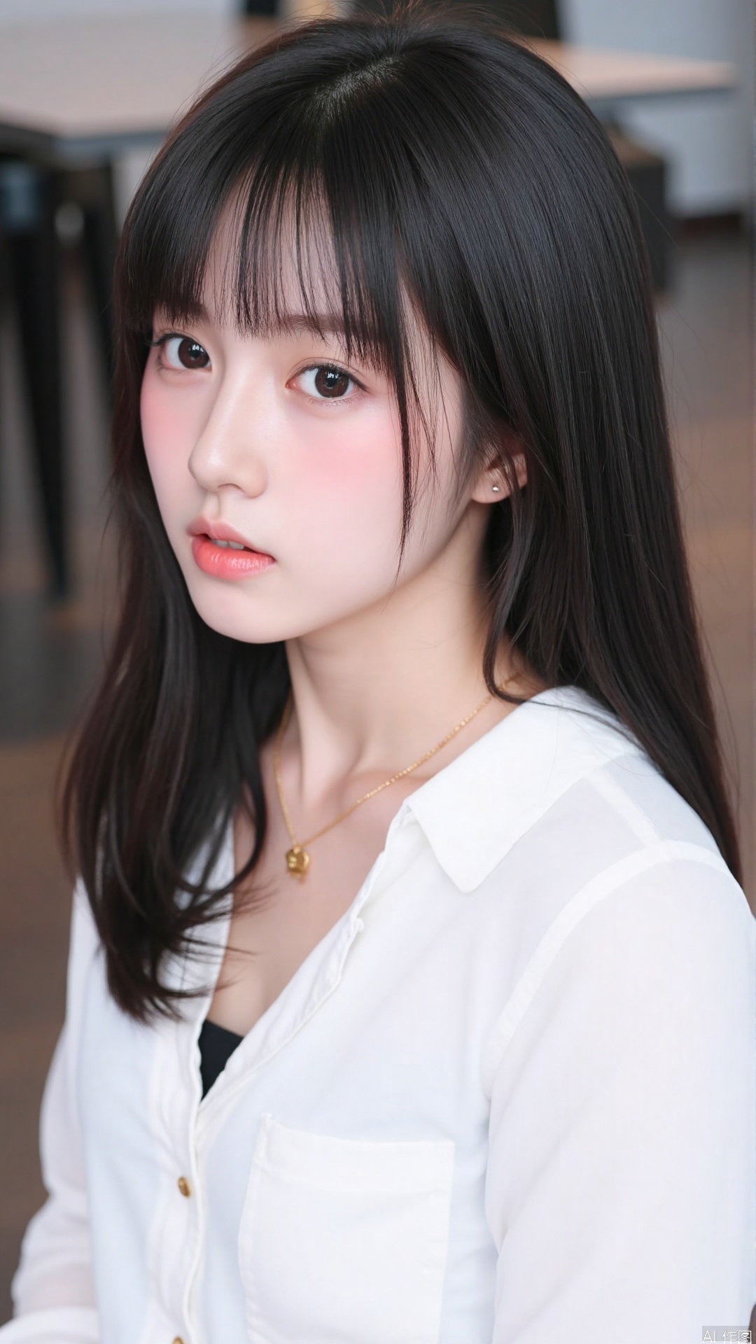 The image is a close-up portrait of a young Asian woman with long dark hair and bangs. She is wearing a white blouse and has a gold necklace around her neck. Her face is turned slightly to the side and she is looking directly at the camera with a serious expression. The background is blurred, but it appears to be an indoor setting with a table and chairs visible. The lighting is soft and natural, highlighting the woman's features.