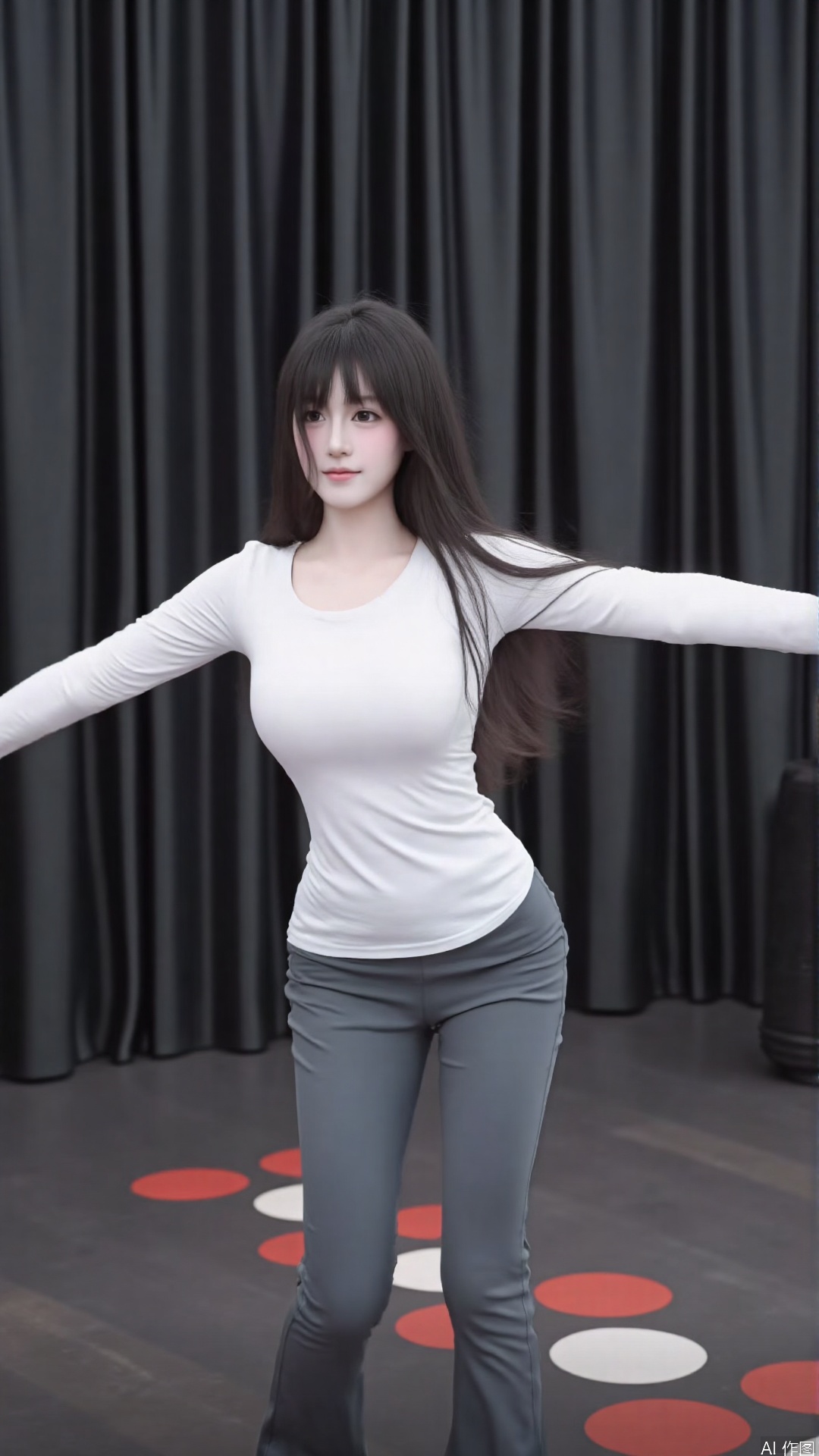 The image shows a young woman in a dance studio. She is wearing a white long-sleeved shirt and grey pants. Her long dark hair is styled in loose waves and she is standing with her arms stretched out to the sides. The background is a black curtain and there are red and white circles on the floor. The woman appears to be in the middle of a dance move.