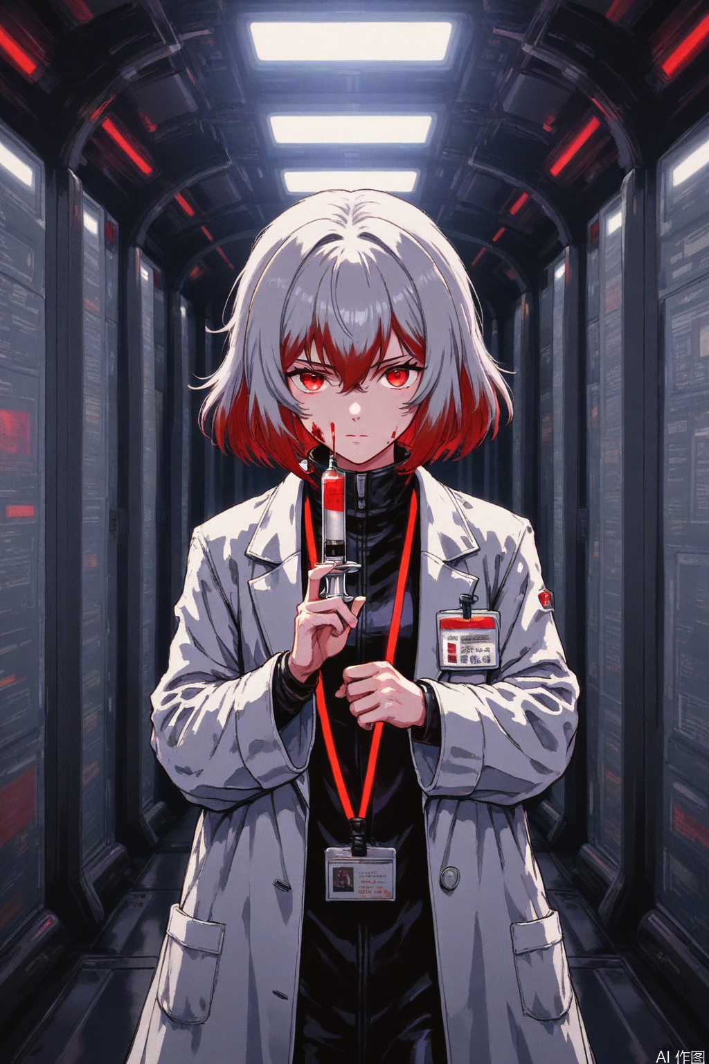 1girl, solo, looking at viewer, short hair, bangs, red eyes, long sleeves, holding, hair between eyes, closed mouth, white hair, grey hair, red hair, multicolored hair, open clothes, indoors, coat, blood, glowing, science fiction, open coat, labcoat, white coat, id card, syringe