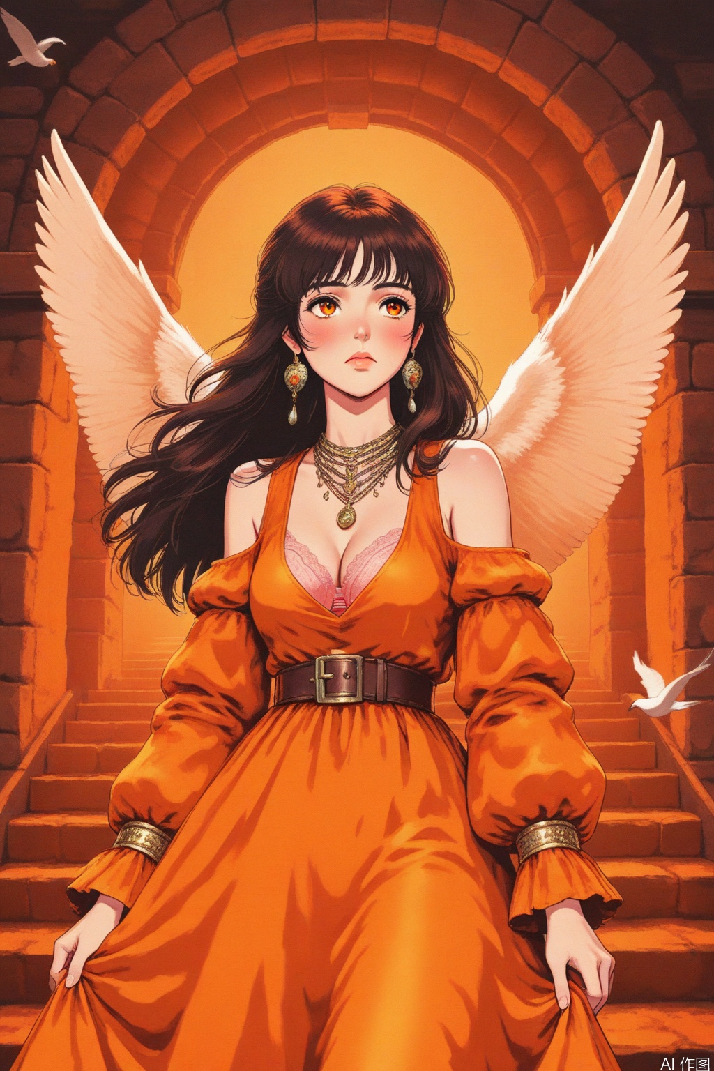 1 girl, solo, long hair, chest, looking at the audience, blushing, bangs, brown hair, black hair, hair accessories, long sleeves, dress, cleavage, bare shoulders, jewelry, medium chest, closed mouth, standing, earrings, independent sleeves, wings, necklace, fluffy sleeves, waist belt, necklace, lips, orange eyes, bird, stairs, orange dress, orange theme, lifted legs, pink lace underwear