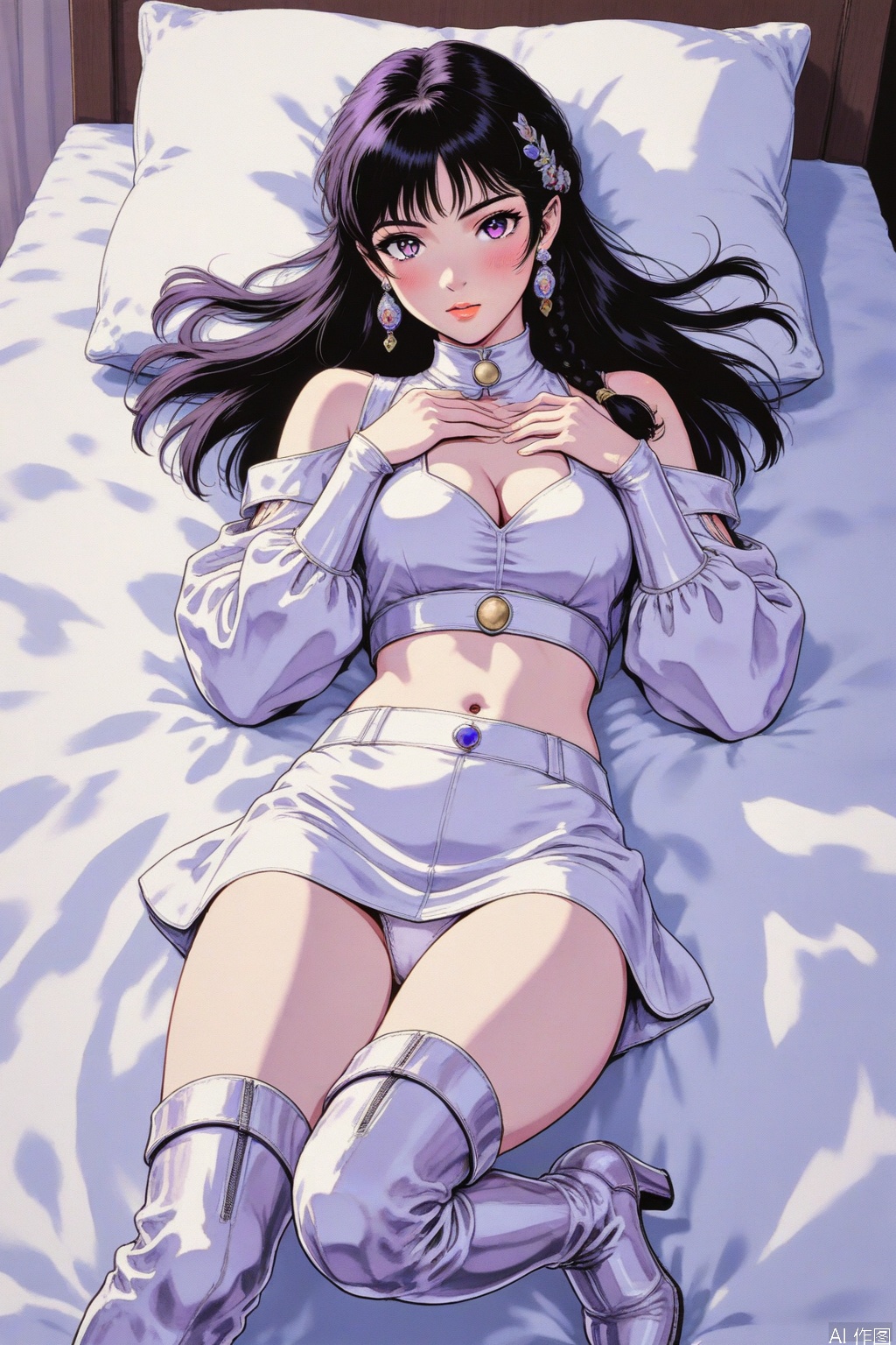 1 Girl, Solo, Long Hair, D Cup Size, Chest, Looking at Audience, bangs, Black Hair, Hair Accessories, Thighs, Navel Button, cleavage, Bare Shoulders, Jewelry, Medium Chest, Purple Eyes, Pillow, Braids, Earrings, Boots, Split Lips, Split Sleeves, Short Skirt, Bed, Pillow Hug, High Heels, White Thighs, Lips, Lying Down, Single Braid, Shoulder Hair, White Underwear, White Bed Sheet, Blushing, White Stockings