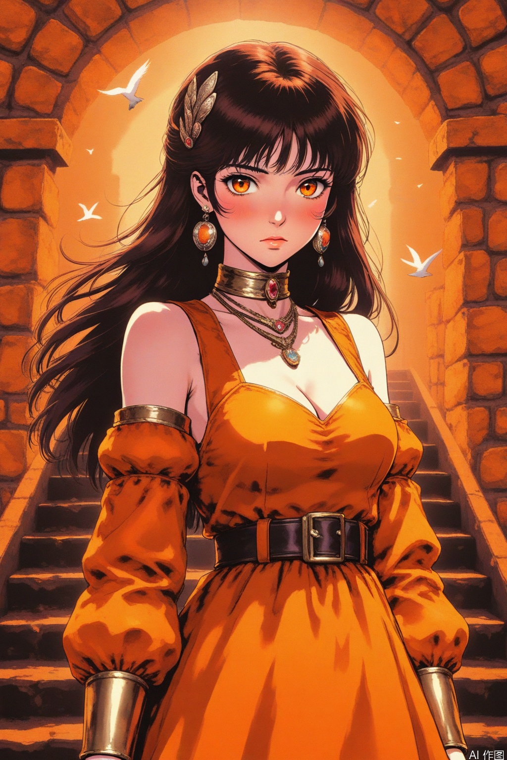 1girl, solo, long hair, breasts, looking at viewer, blush, bangs, brown hair, black hair, hair ornament, long sleeves, dress, cleavage, bare shoulders, jewelry, medium breasts, closed mouth, standing, earrings, detached sleeves, wings, choker, puffy sleeves, belt, necklace, lips, orange eyes, bird, stairs, orange dress, orange theme