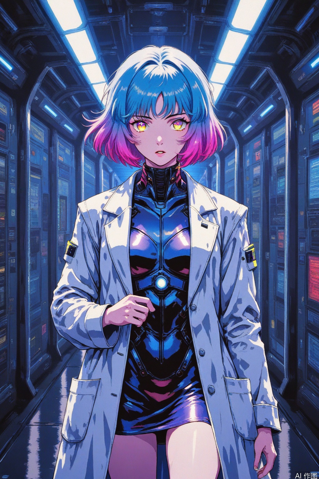 1girl, solo, looking at viewer, short hair, bangs, long sleeves, dress, blue hair, standing, yellow eyes, pink hair, multicolored hair, cowboy shot, parted lips, open clothes, coat, gradient hair, glowing, short dress, science fiction, open coat, multicolored eyes, labcoat, white coat, latex
