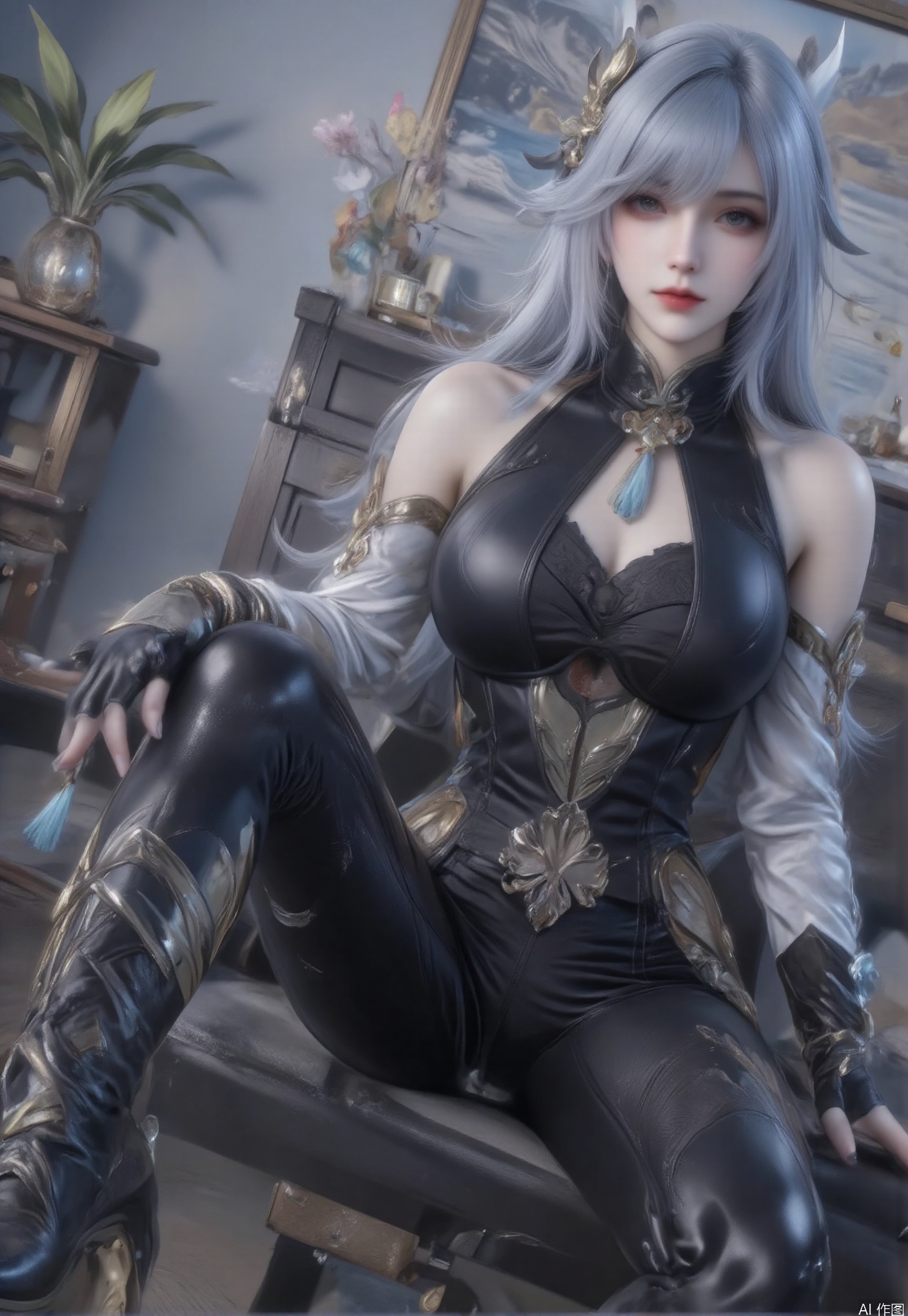 1girl solo long hair breasts bangs hair ornament gloves navel sitting very long hair grey hair parted lips black gloves indoors spread legs fingerless gloves hair over one eye high heels clothing cutout dutch angle bodysuit tassel partially fingerless gloves black bodysuit navel cutout stomach cutout shenhe \(genshin impact\)