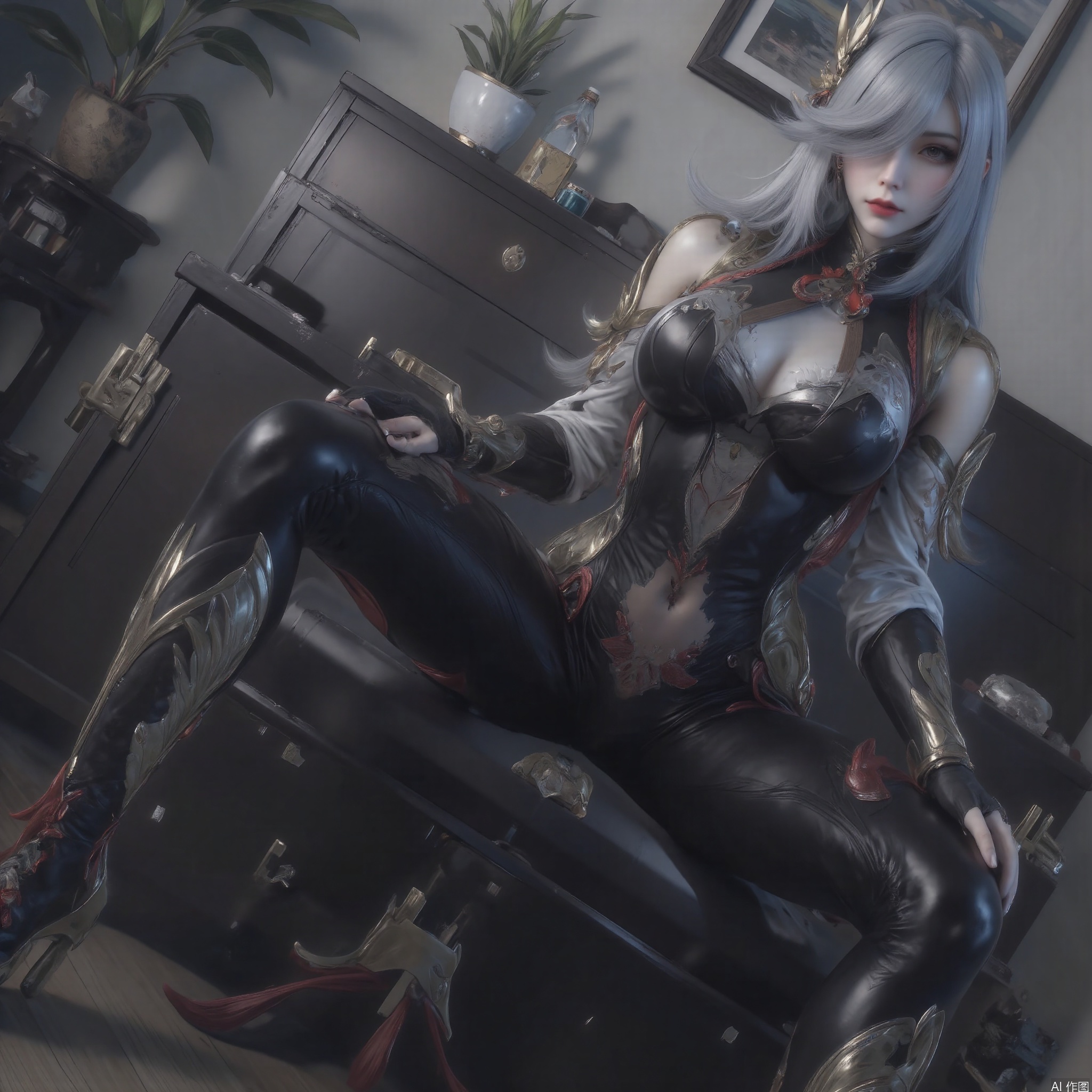 1girl solo long hair breasts bangs hair ornament gloves navel sitting very long hair grey hair parted lips black gloves indoors spread legs fingerless gloves hair over one eye high heels clothing cutout dutch angle bodysuit tassel partially fingerless gloves black bodysuit navel cutout stomach cutout shenhe \(genshin impact\)
