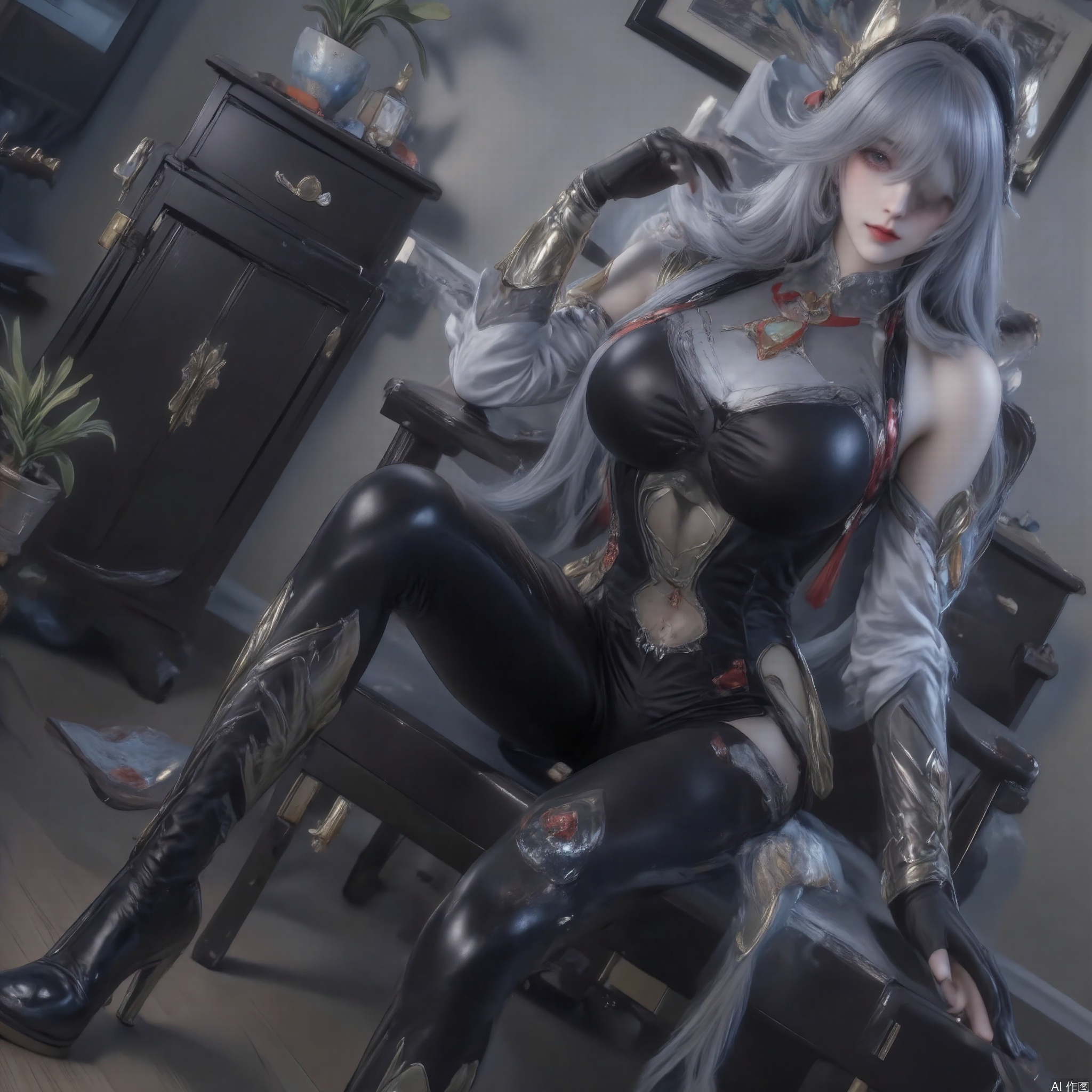 1girl solo long hair breasts bangs hair ornament gloves navel sitting very long hair grey hair parted lips black gloves indoors spread legs fingerless gloves hair over one eye high heels clothing cutout dutch angle bodysuit tassel partially fingerless gloves black bodysuit navel cutout stomach cutout shenhe \(genshin impact\)