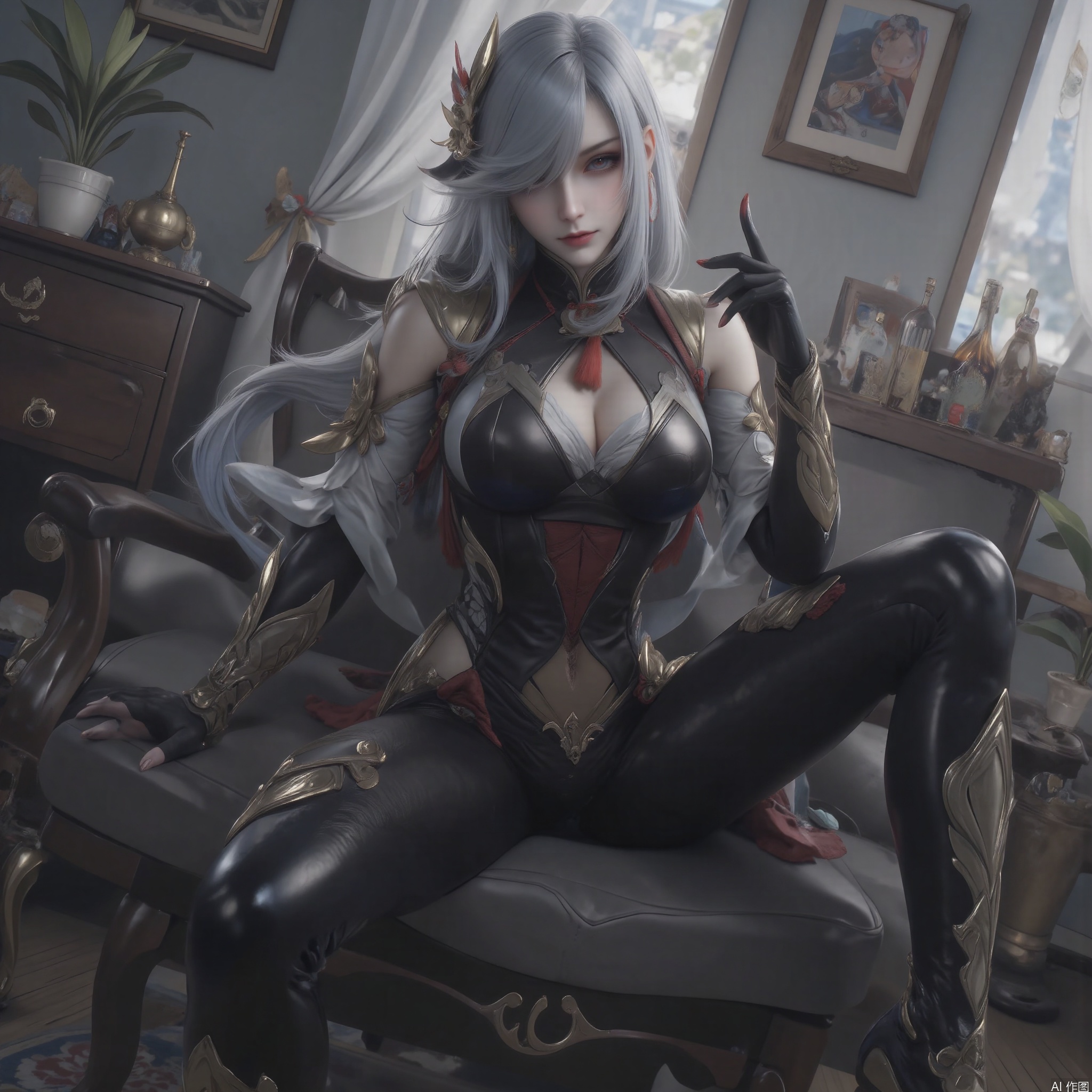 1girl solo long hair breasts bangs hair ornament gloves navel sitting very long hair grey hair parted lips black gloves indoors spread legs fingerless gloves hair over one eye high heels clothing cutout dutch angle bodysuit tassel partially fingerless gloves black bodysuit navel cutout stomach cutout shenhe \(genshin impact\)