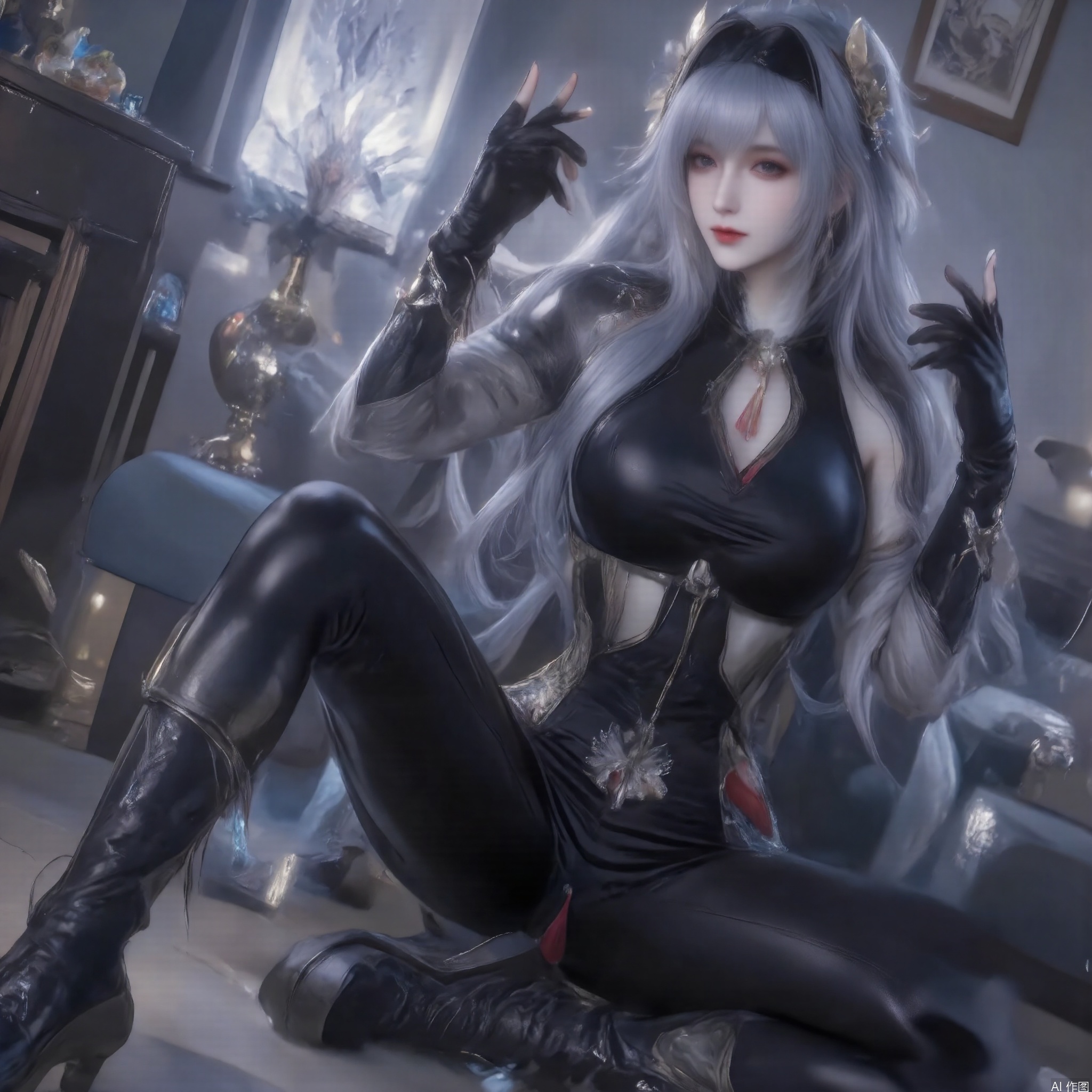 1girl solo long hair breasts bangs hair ornament gloves navel sitting very long hair grey hair parted lips black gloves indoors spread legs fingerless gloves hair over one eye high heels clothing cutout dutch angle bodysuit tassel partially fingerless gloves black bodysuit navel cutout stomach cutout shenhe \(genshin impact\)