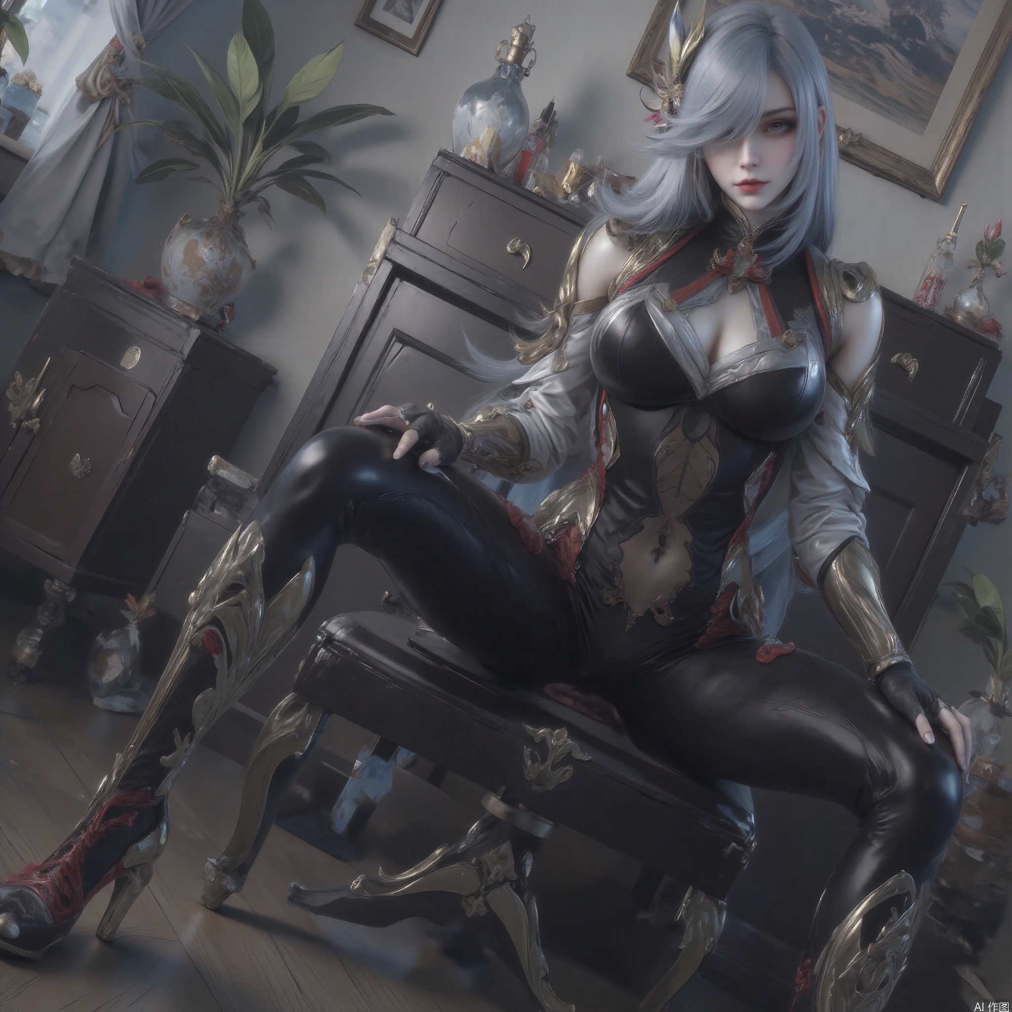 1girl solo long hair breasts bangs hair ornament gloves navel sitting very long hair grey hair parted lips black gloves indoors spread legs fingerless gloves hair over one eye high heels clothing cutout dutch angle bodysuit tassel partially fingerless gloves black bodysuit navel cutout stomach cutout shenhe \(genshin impact\)