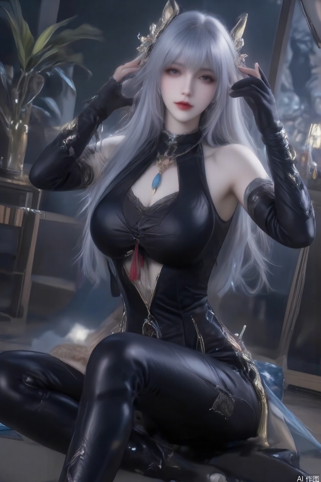 1girl solo long hair breasts bangs hair ornament gloves navel sitting very long hair grey hair parted lips black gloves indoors spread legs fingerless gloves hair over one eye high heels clothing cutout dutch angle bodysuit tassel partially fingerless gloves black bodysuit navel cutout stomach cutout shenhe \(genshin impact\)