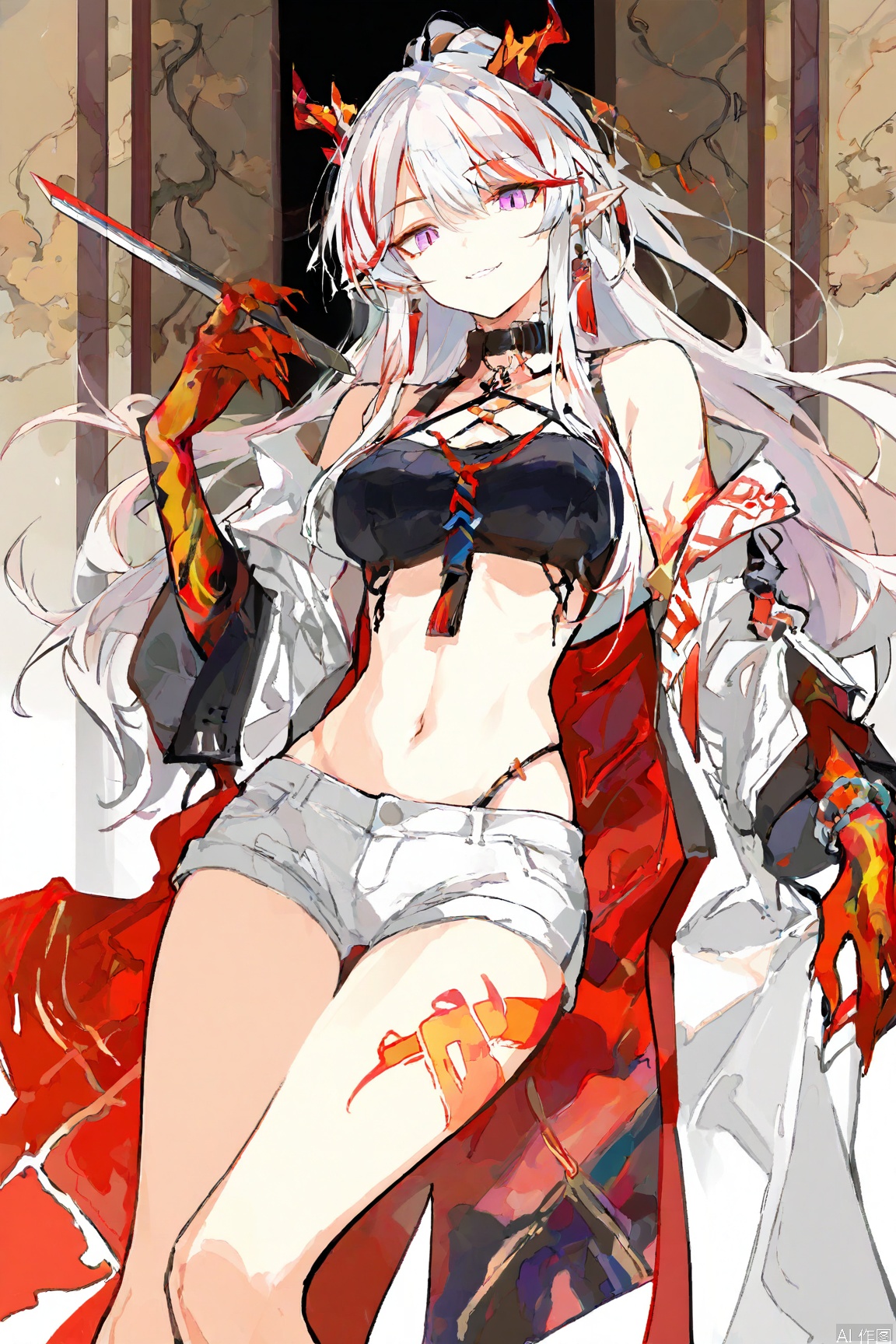 line art,Detail enhancement,Simple Flat Coloring,Nai3 style,masterpiece,facing the lens,best quality,very aesthetic,extremely delicate and beautiful,huge filesize,amazing quality,32K UHD,fashionable,cool and fashionable,1girl,solo,nian (arknights),horns,shorts,white hair,purple eyes,pointy ears,navel,midriff,open coat,long hair,looking at viewer,streaked hair,bracelet,red hair,bangs,earrings,breasts,legs_together,(Arm tattoo),Ink painting background,masterpiece,best quality,amazing quality,very aesthetic,absurdres,best quality,newest,extreme aesthetic,masterpiece,best quality,good quality,very aesthetic,absurdres,A shot with tension,impactful picture,offcial art,movie perspective,smile,white_background,simple_background,