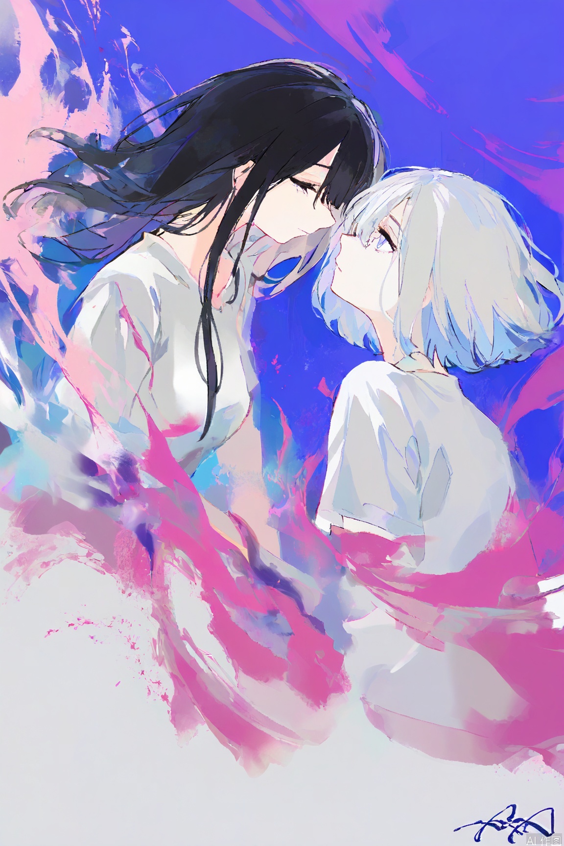 ezu,Digital painting of two young women facing each other,one with short white hair and the other with long black hair,both with blue eyes and fair skin. They are wearing white and black shirts,respectively. The background is a blend of blue,purple,and pink hues with splashes of color. The style is whimsical and ethereal,with a dreamy and surreal atmosphere. The women have delicate features and are looking at each other with a calm and serene expression. The artwork is signed by the artist "Rim" in the bottom right corner.,