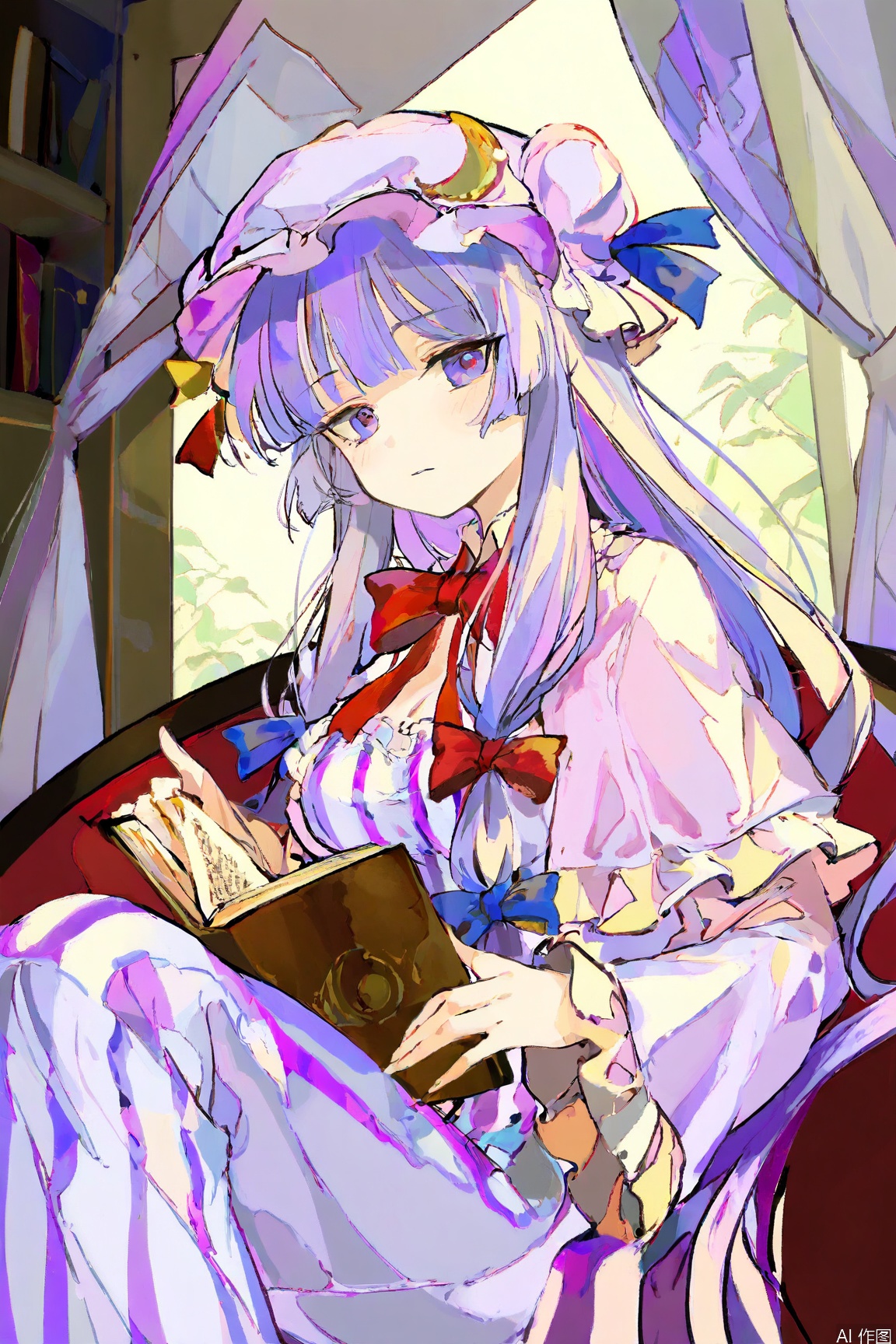 A mystical scene unfolds: a young girl with patchouli-kissed locks and crescent hat ornaments sits alone indoors, surrounded by striped curtains. Her long, purple hair cascades down her back like a waterfall, adorned with a red bow tied at the nape. She wears a vertically-striped dress with frilly details, showcasing her medium-sized breasts beneath wide sleeves. A pink capelet drapes elegantly over her shoulders, matched only by her rosy cheeks and parted lips. Her eyes sparkle like gemstones as she gazes directly at the viewer, holding an open book in one hand while cradling a medium-sized bow tie around her neck with the other.