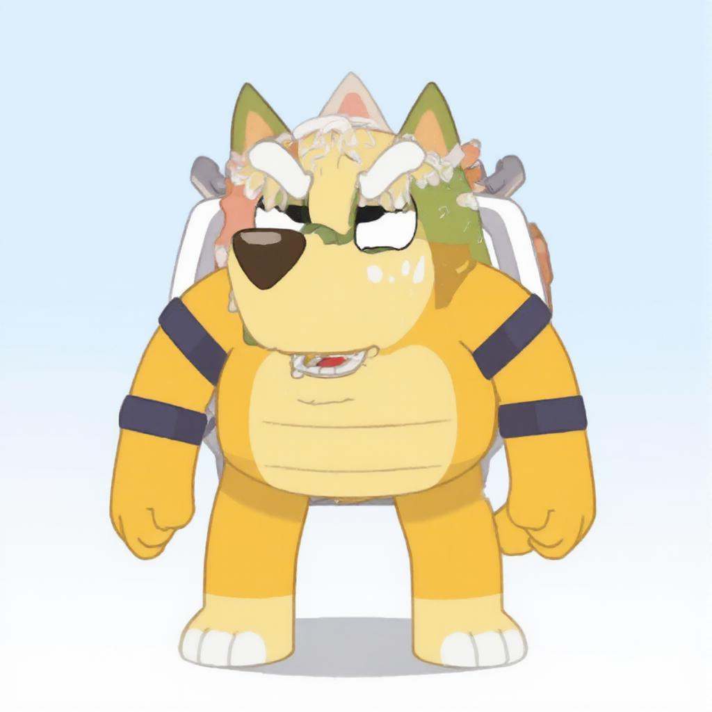 A yellow Bowser in Bluey style