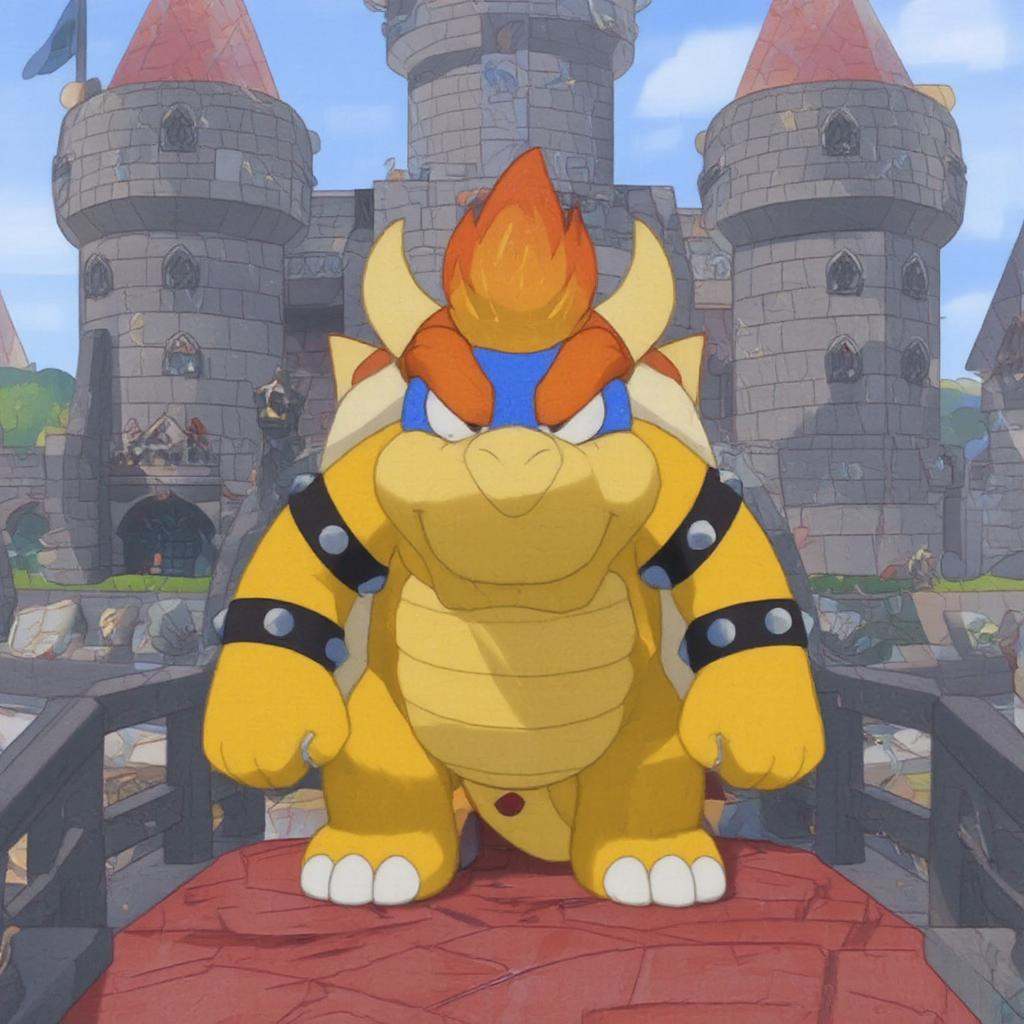 A bluey style yellow Bowser in the castle, 2d